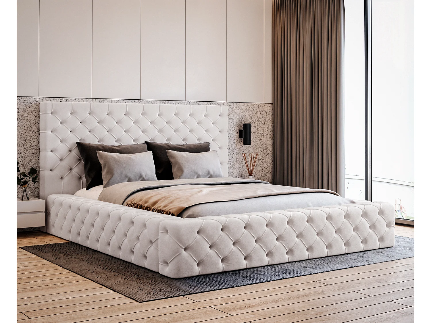 Łóżko tapicerowane 160x200 Amor - łóżko dwuosobowe z pojemnikiem i stelażem, grube wezgłowie, nowoczesne łóżko do sypialni - kremowy 3700406 - obrazek 1