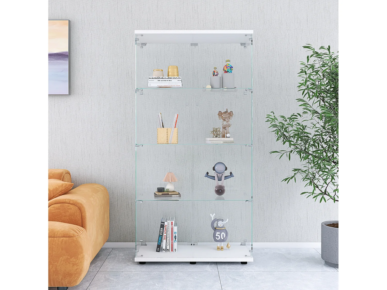 Biała Witryna Curio z 4 Półkami ze Szkła Hartowanego i 2 Drzwiami – Styl Nowoczesny i Art Déco, 164x36x80 cm 4923081