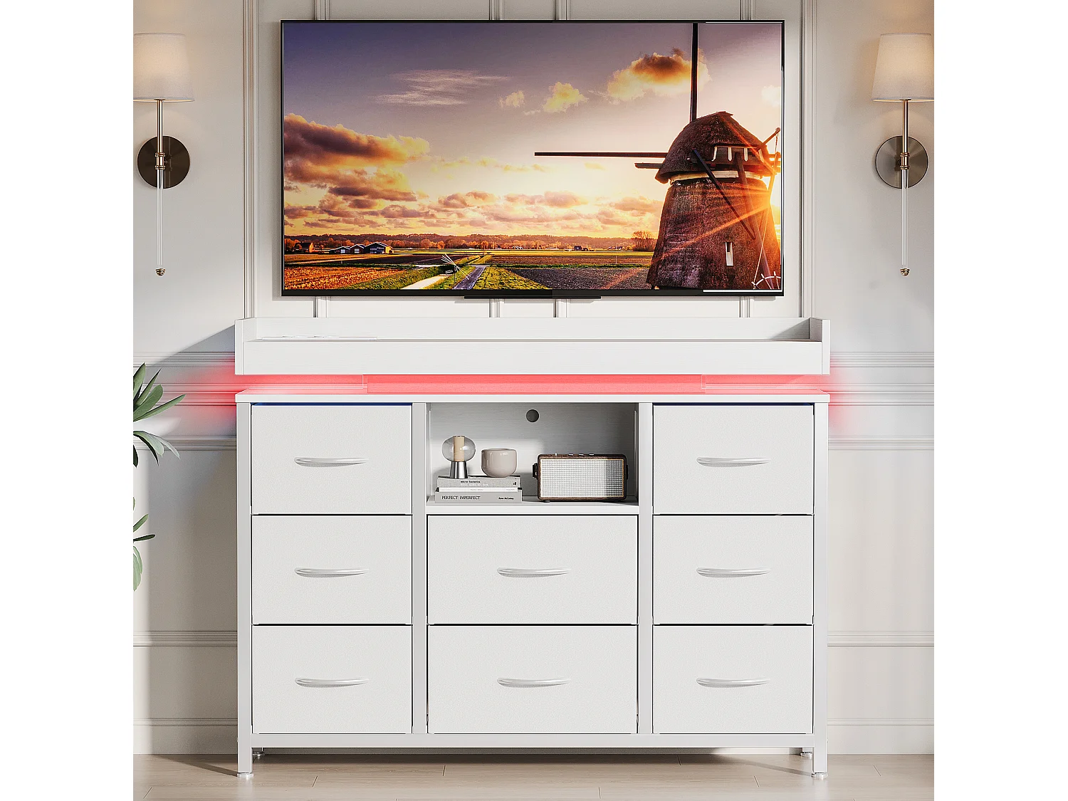 Biała Szafa z 8 Szufladami, LED RGB i Gniazdem Ładowania – 108x30x82 cm, Szuflady z Wytrzymałej Tkaniny 4923099 - obrazek 1