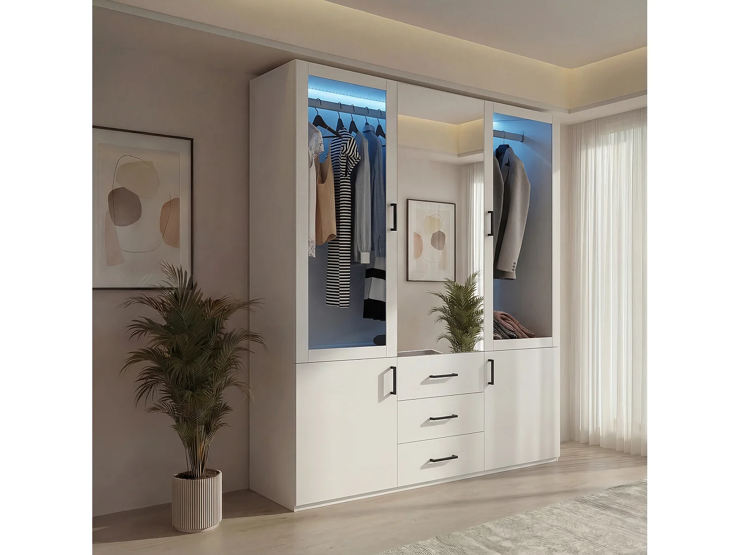 Biała szafa narożna z 4 drzwiami, 3 szufladami, lustrem i LED – 130x52x182 cm, przechowywanie ubrań dla dorosłych 4923119