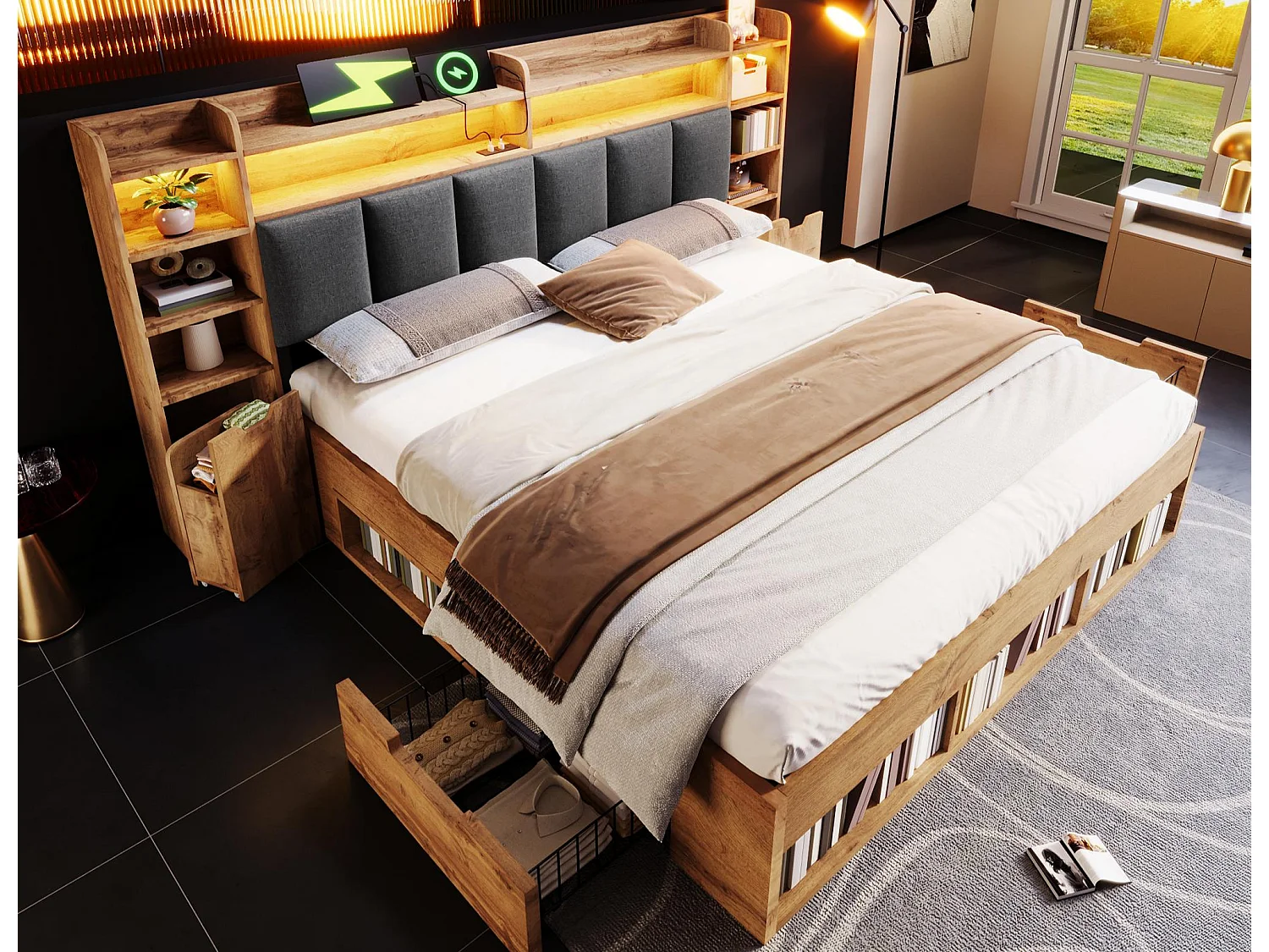 Łóżko dla dorosłych 160×200cm - z oświetleniem LED + portami USB i Type-C - pikowane wezgłowie - z miejscem do przechowywania - Naturalny​ (bez materaca) 4923443 - obrazek 1