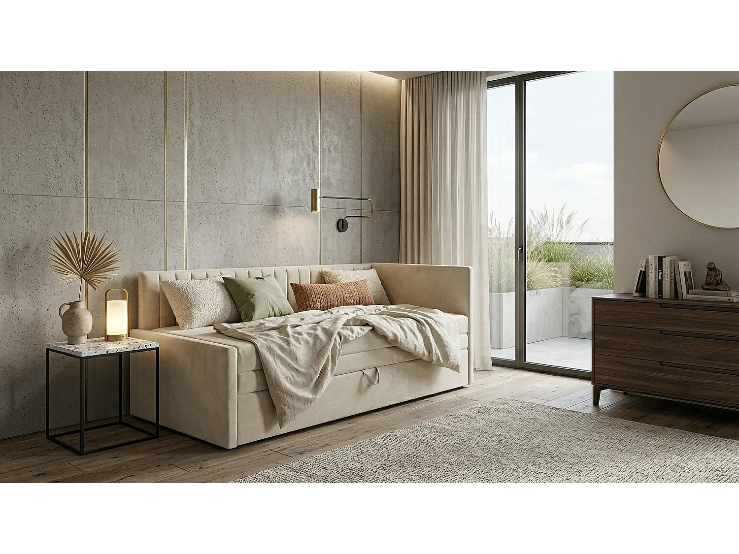 Łóżko dzienne wysuwane 2x90x200cm w tkaninie MANILA 1 kremowej 4924313 - obrazek 1
