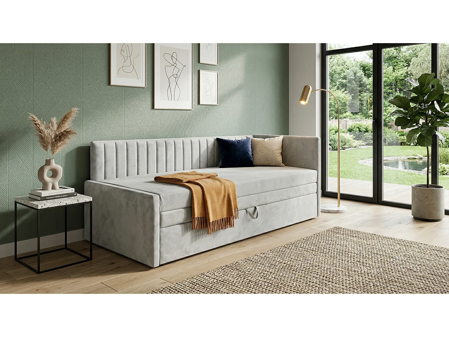 Łóżko dzienne wysuwane 2x90x200cm w tkaninie MANILA 14 jasnoszarej 4924314 - obrazek 1