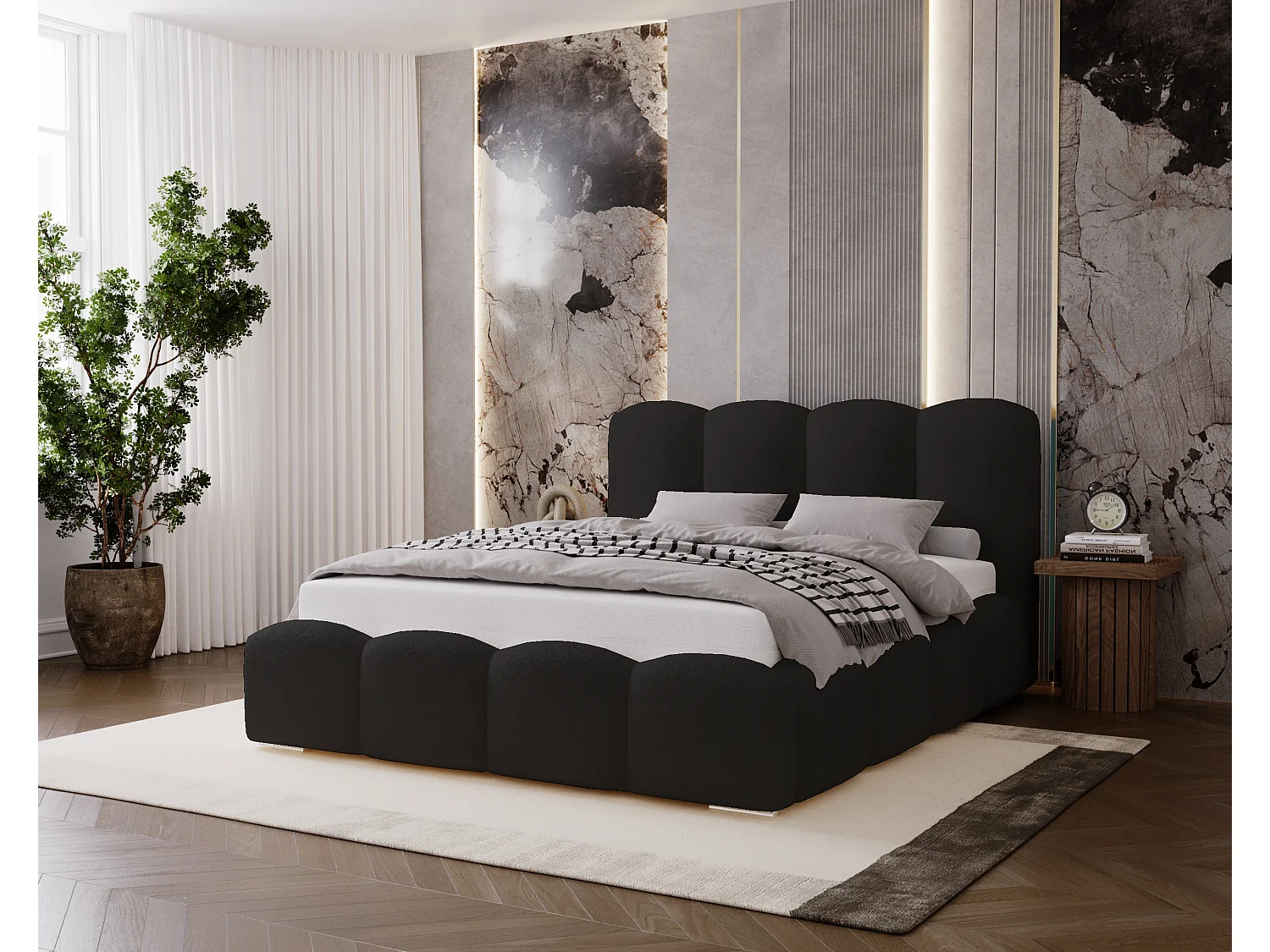 BESILIO Łóżko tapicerowane 160x200 Fluffy – łóżko chmurka boucle, z pojemnikiem na pościel i stelażem, gruba pianka, nowoczesne łóżko do sypialni – Czarny 4924440 - obrazek 1