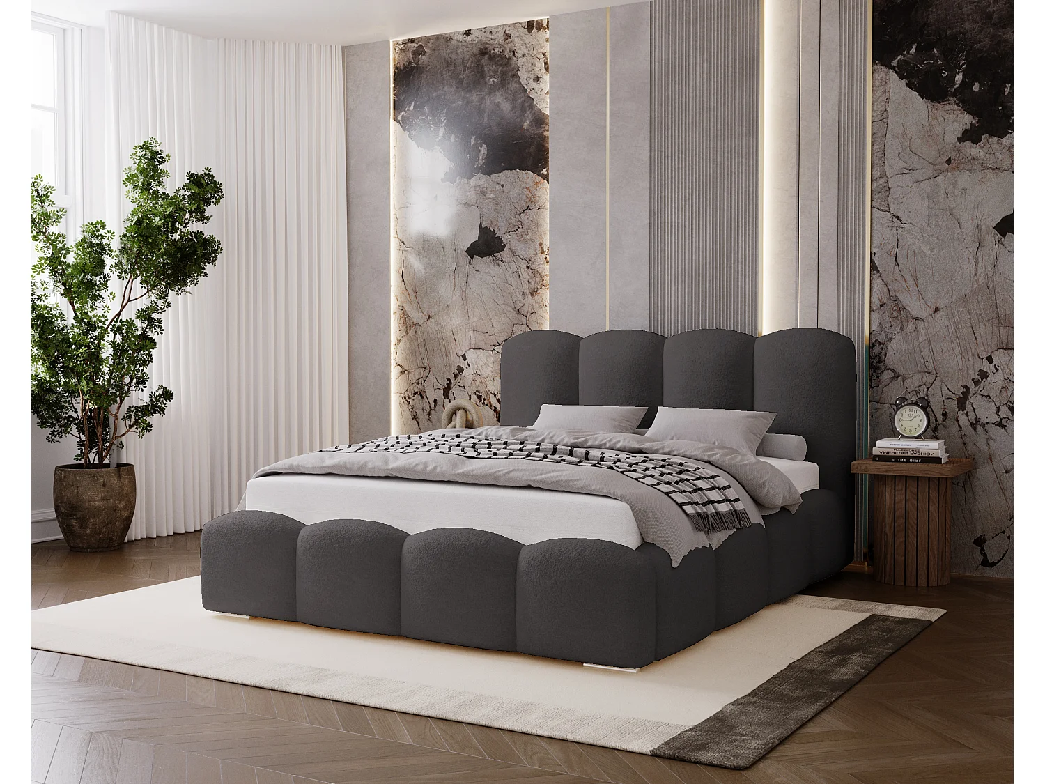 BESILIO Łóżko tapicerowane 180x200 Fluffy – łóżko chmurka boucle, z pojemnikiem na pościel i stelażem, gruba pianka, nowoczesne łóżko do sypialni – Szary 4924504 - obrazek 1
