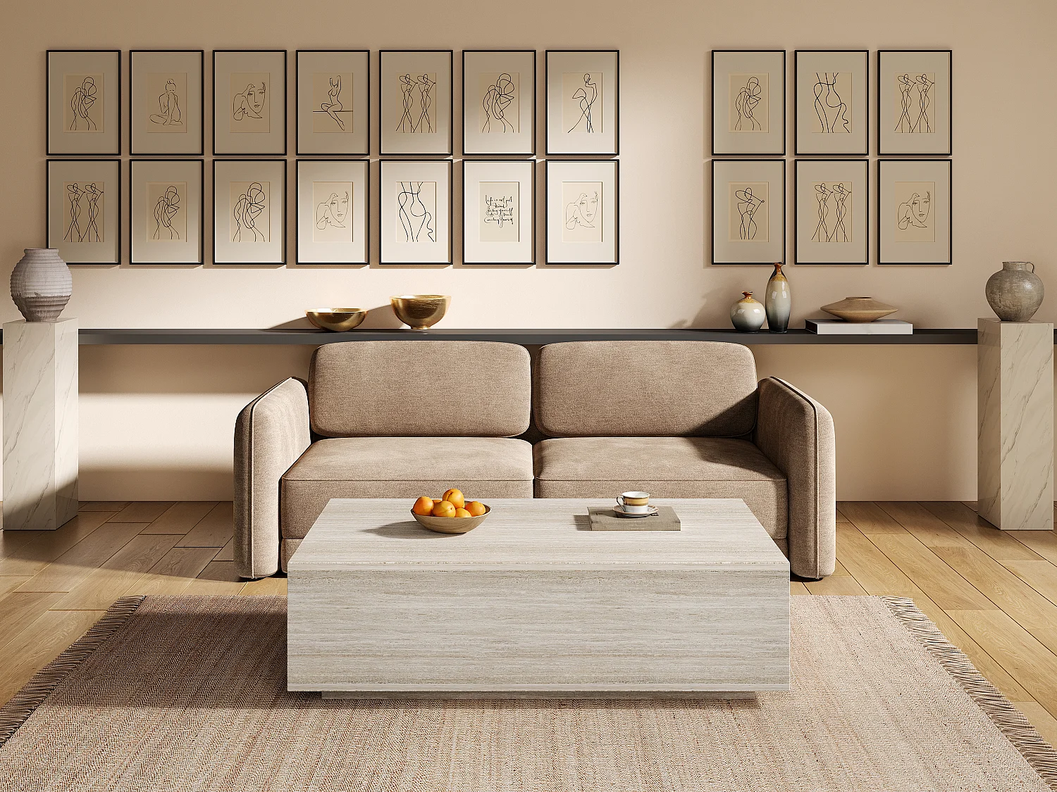 Stolik kawowy z 2 szufladami z MDF - szer. 120 cm - Efekt beżowego trawertynowego - ANTRIM 4757300 - obrazek 1