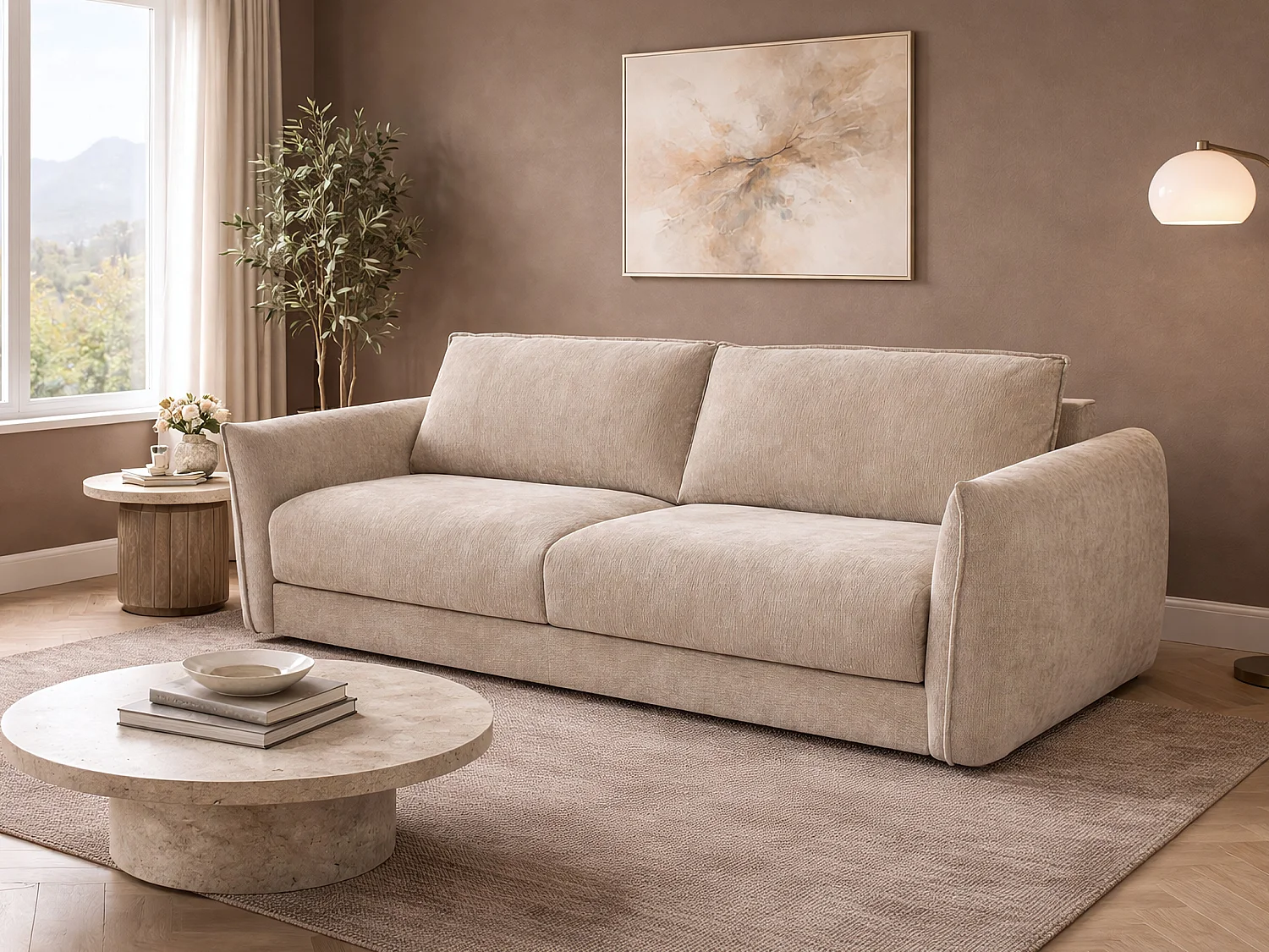 Kanapa 3-osobowa typu typu express z beżowej tkaniny teksturowanej - Powierzchnia spania 140 cm - Materac 13 cm memory foam GABRIZA 4823639 - obrazek 1