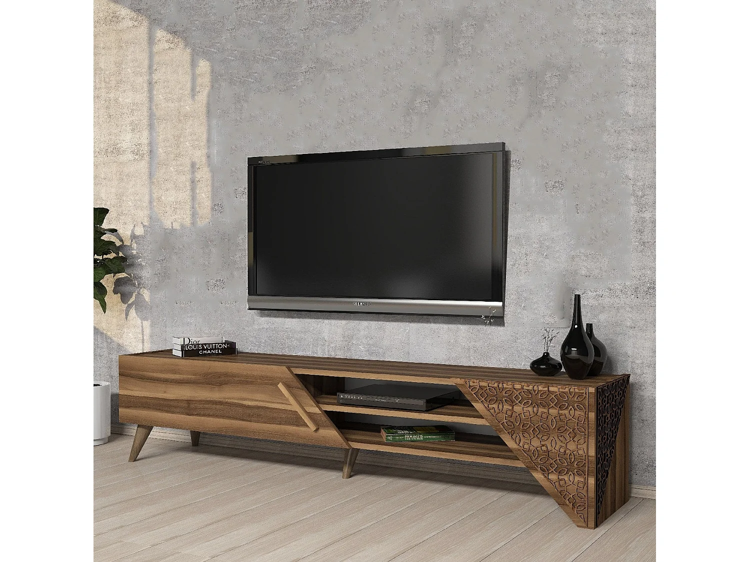 Elegancka szafka pod telewizor – 180 cm x 37 cm x 40 cm – orzech – płyta wiórowa pokryta melaminą 4734509 - obrazek 1