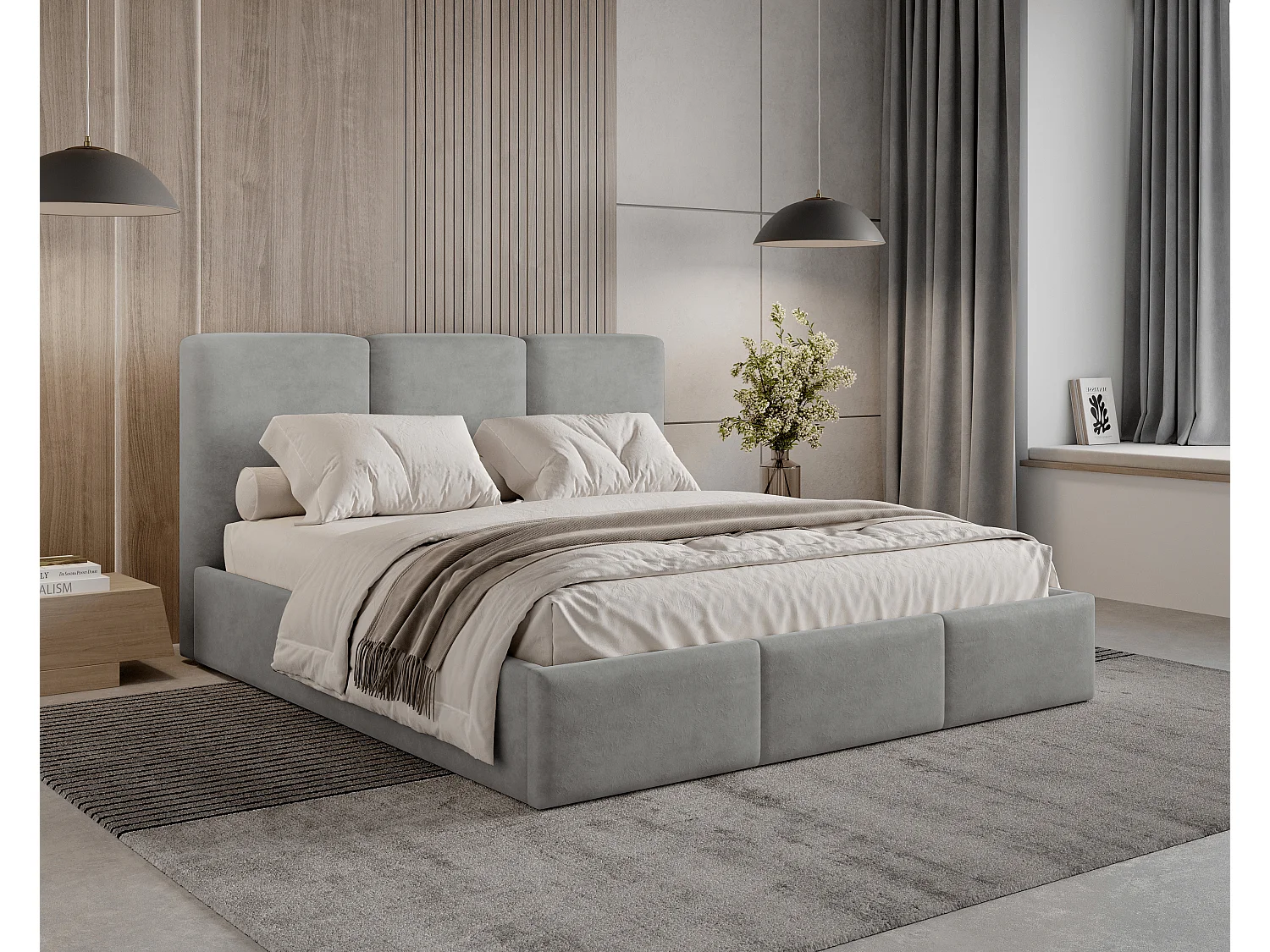 BESILIO Łóżko tapicerowane z pojemnikiem 180x200 Elora - Łóżko slim, ozdobne wezgłowie, stelaż metalowy- Szary 4929836 - obrazek 1