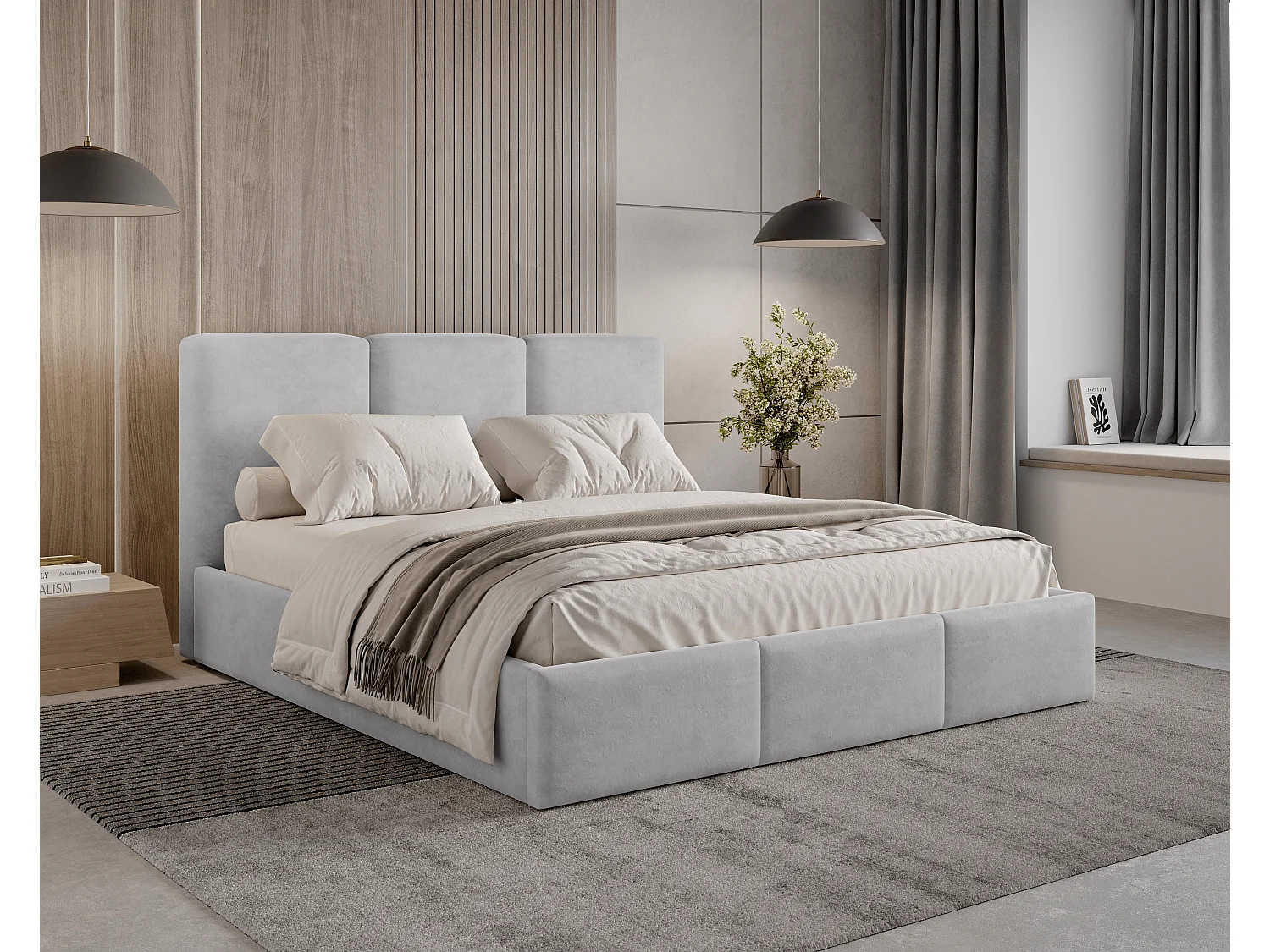 BESILIO Łóżko tapicerowane z pojemnikiem 180x200 Elora - Łóżko slim, ozdobne wezgłowie, stelaż metalowy- Jasnoszary 4929842 - obrazek 1