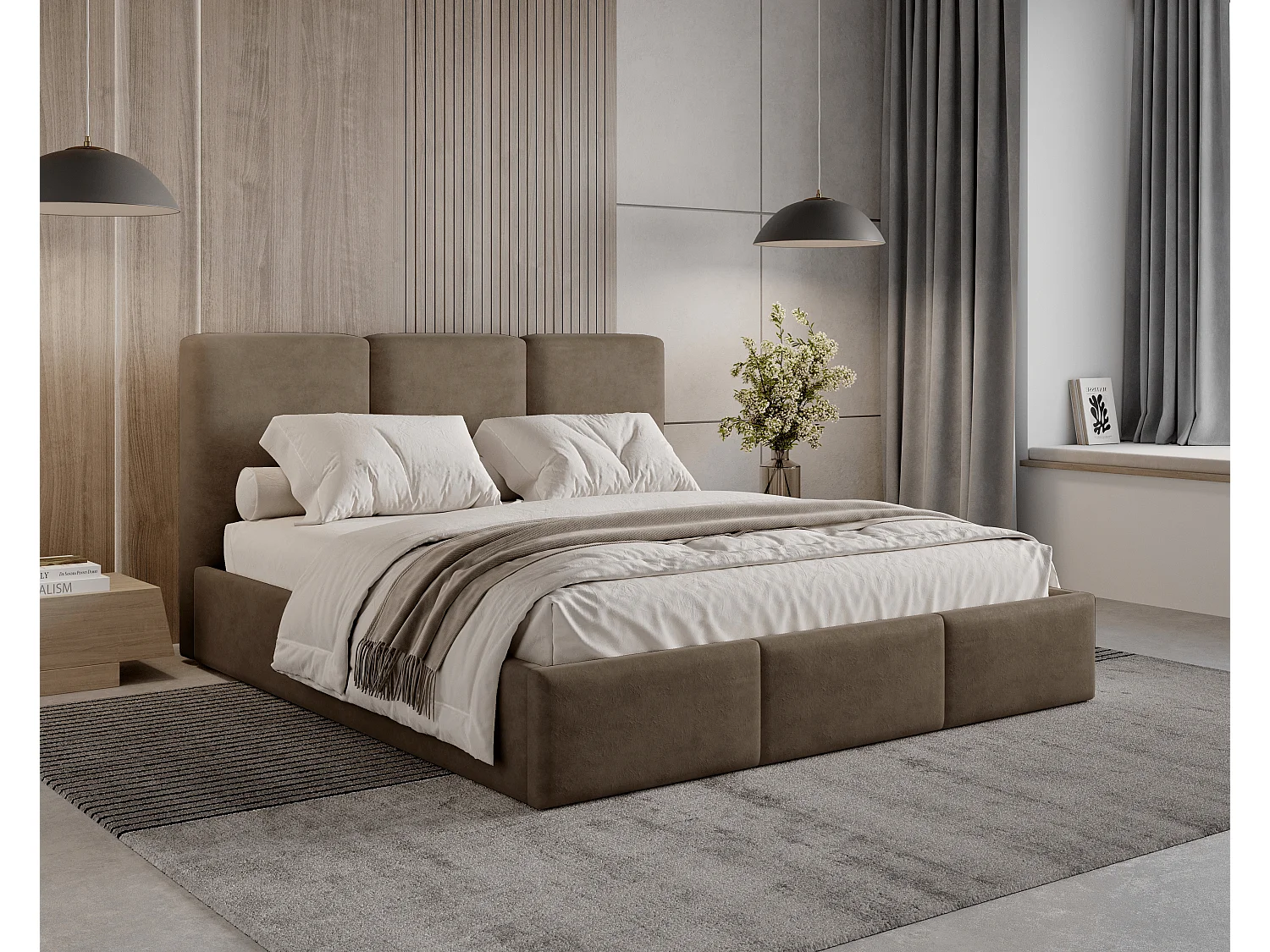 BESILIO Łóżko tapicerowane z pojemnikiem 180x200 Elora - Łóżko slim, ozdobne wezgłowie, stelaż metalowy- Brązowy 4929846 - obrazek 1