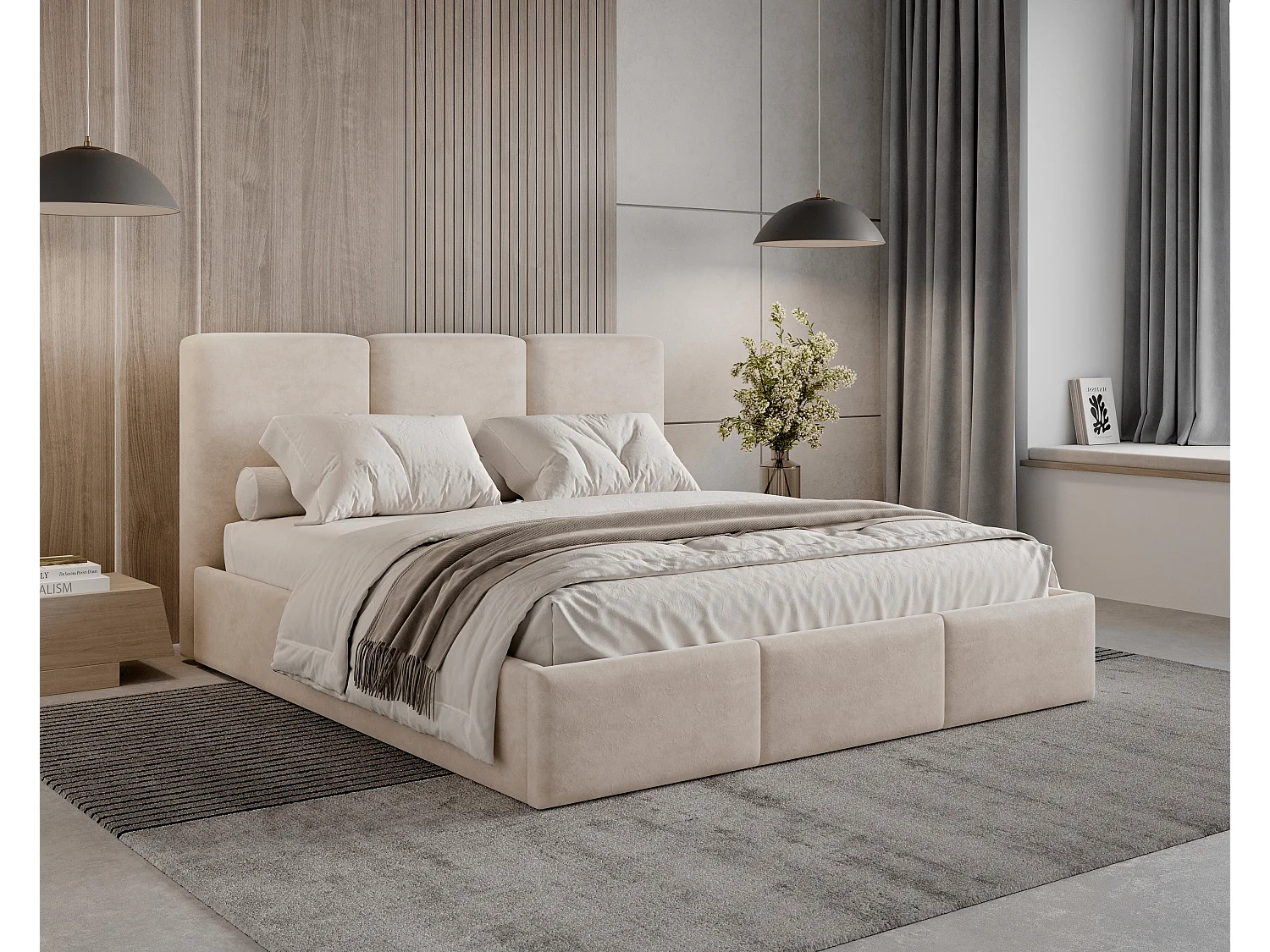 BESILIO Łóżko tapicerowane z pojemnikiem 160x200 Elora - Łóżko slim, ozdobne wezgłowie, stelaż metalowy- Beżowy 4929851 - obrazek 1