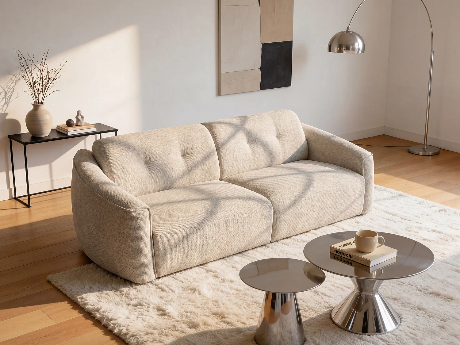 Kanapa 4-osobowa typu express z beżowej tkaniny teksturowanej - Powierzchnia spania 160 cm - Materac 16 cm memory foam ASUFA 4765236 - obrazek 1