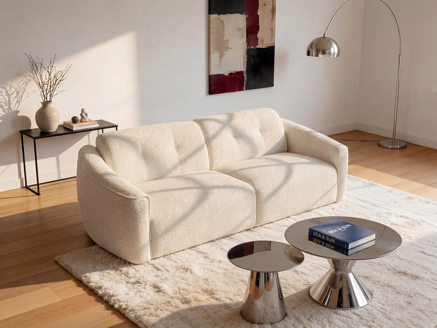 Kanapa 4-osobowa typu express z białej tkaniny z bukli - Powierzchnia spania 160 cm - Materac 16 cm memory foam ASUFA 4765240 - obrazek 1