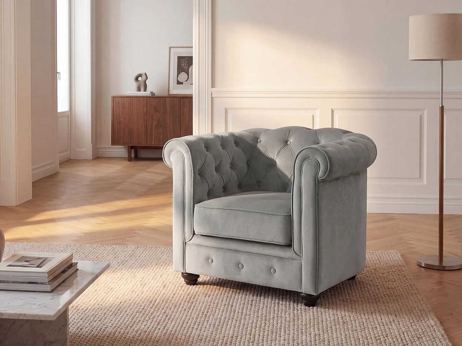 Fotel CHESTERFIELD - Jasnoszary welur 90511 - obrazek 1