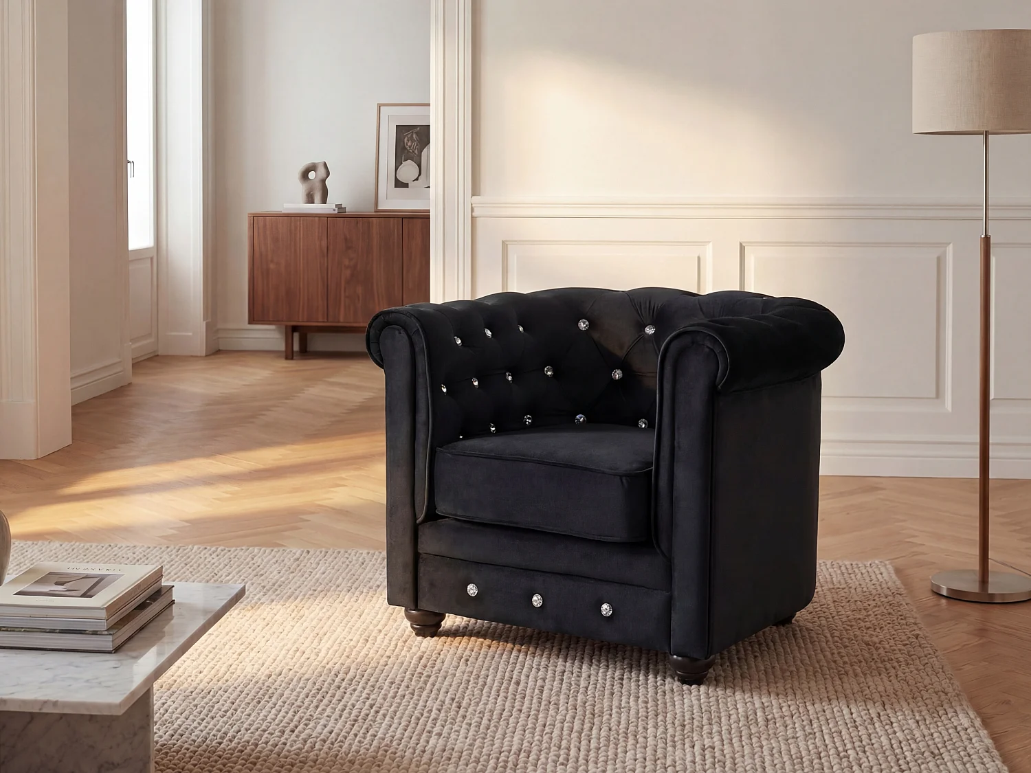 Fotel CHESTERFIELD – welur w kolorze czarnym z kryształowymi guzikami 95271 - obrazek 1