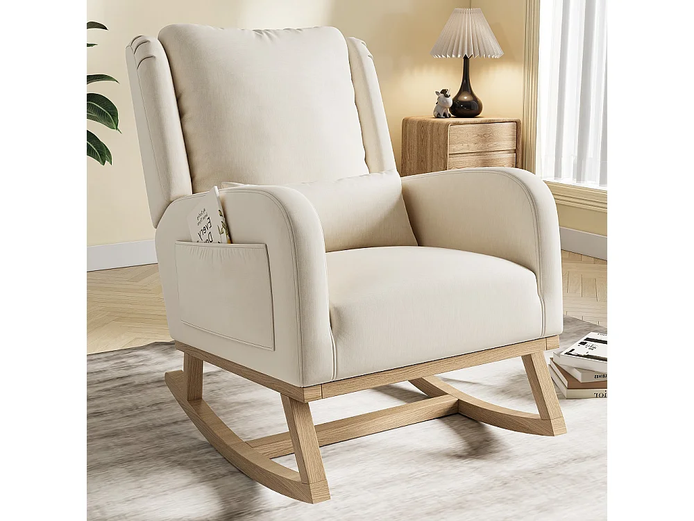 Beżowy fotel bujany z bawełny i lnu z poduszką lędźwiową, bocznymi kieszeniami i nowoczesnym designem wingback 4931463