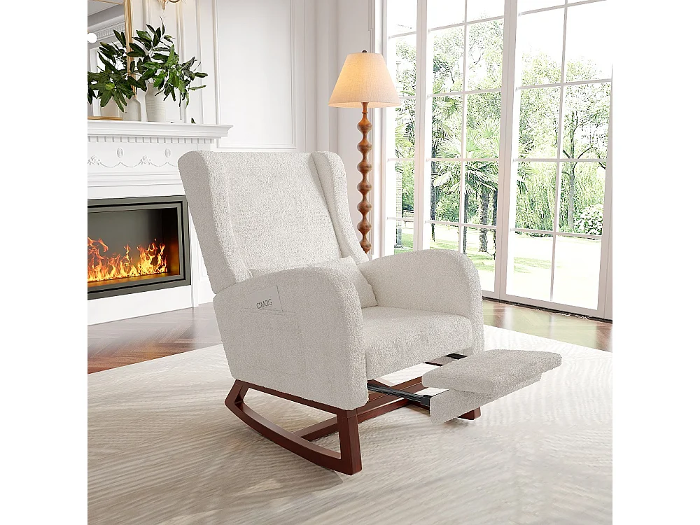 Biały fotel bujany z ergonomiczną poduszką, podnóżkiem i bocznymi kieszeniami, tkanina polarowa jagnięca, design wingback 4931465