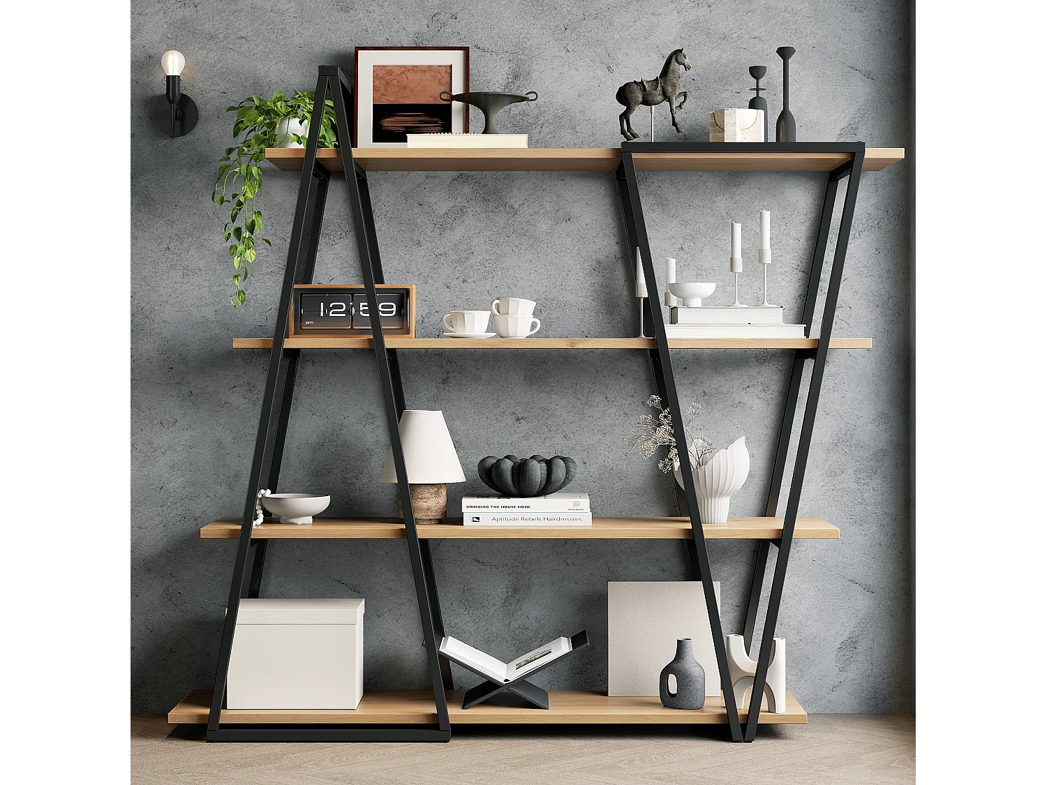 Geometryczna półka pionowa 158x35x166 cm - Konstrukcja żelazna - Płyta MDF 25 mm - Design trójkątny - Czarny i naturalny 4932083 - obrazek 1