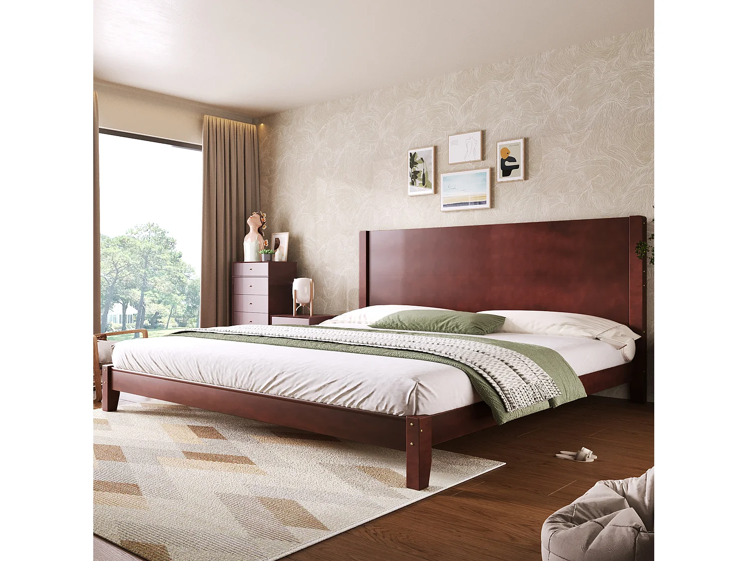 Łóżko dwuosobowe platformowe - 180 x 200 cm - z zagłówkiem i stelażem - MDF - brązowe 4932142 - obrazek 1
