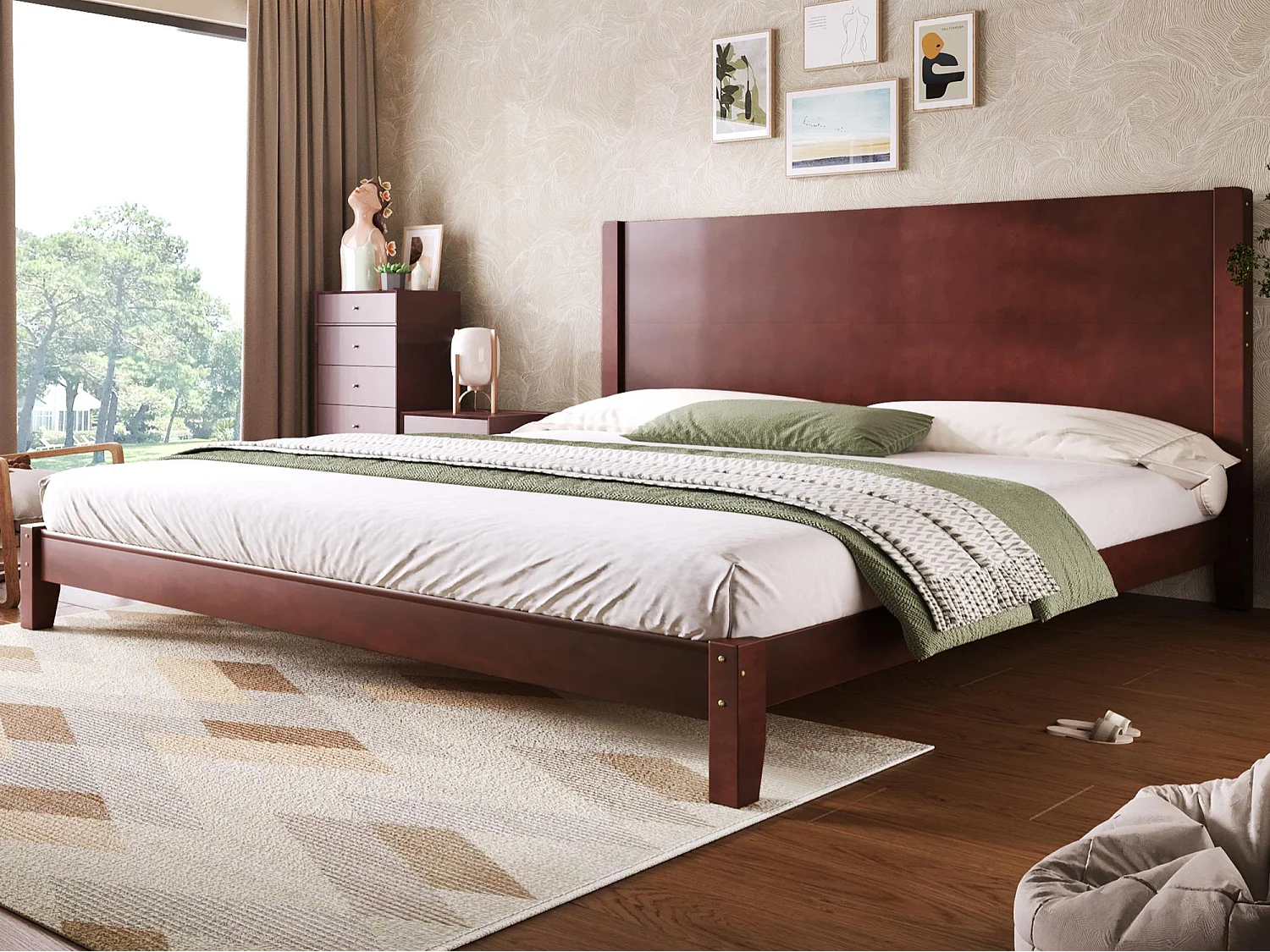 Łóżko małżeńskie 180x200 cm - Z wezgłowiem - Z stelażem lamelowym z litego drewna - MDF + Sosna - Brązowy​ (Materac nie jest wliczony w cenę) 4932153 - obrazek 1