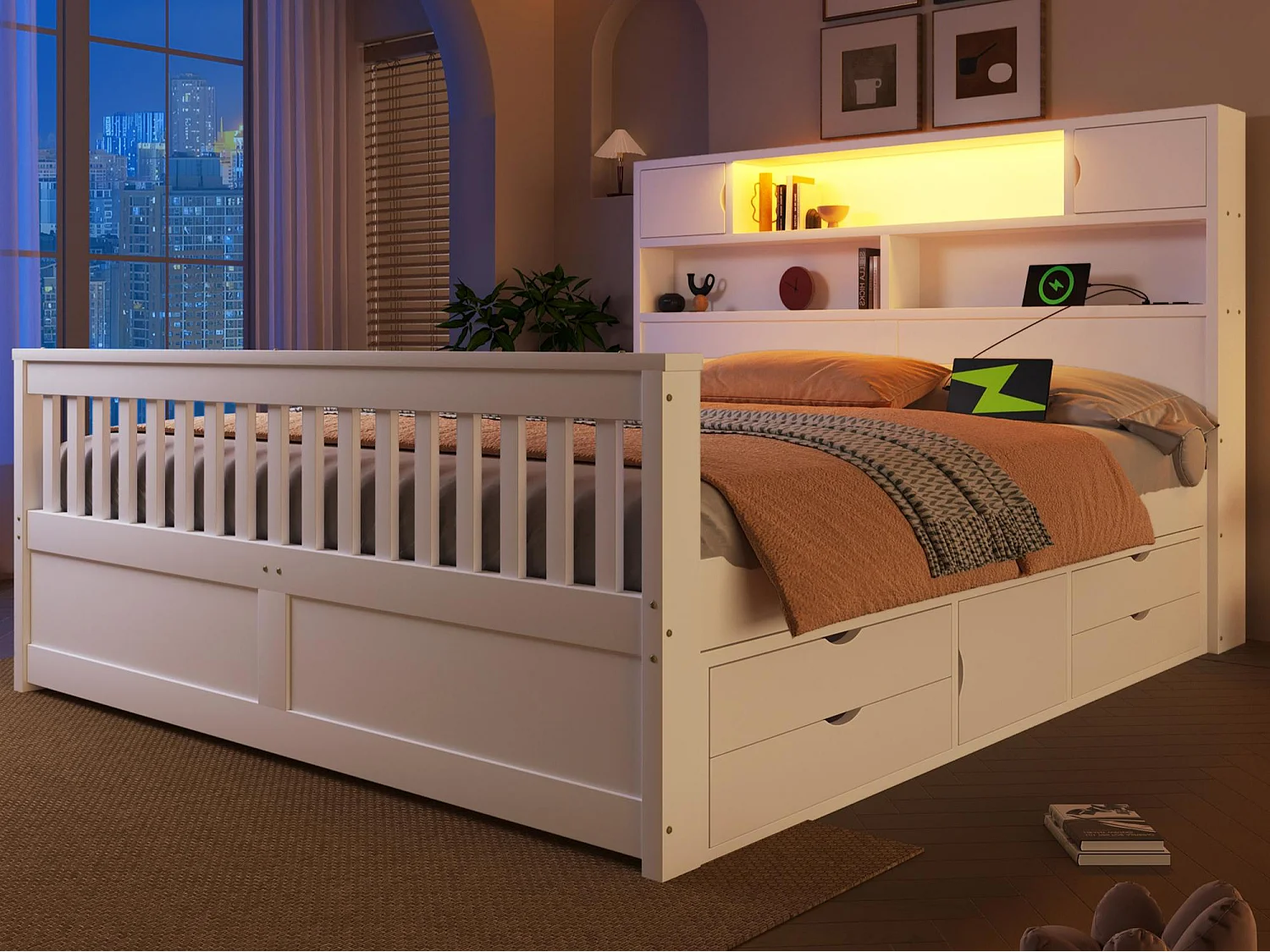 Łóżko małżeńskie 160x200 cm - Z 4 szufladami - Wezgłowie z miejscem do przechowywania - Oświetlenie LED i port USB - MDF - Biały​ (bez materaca) 4932161 - obrazek 1