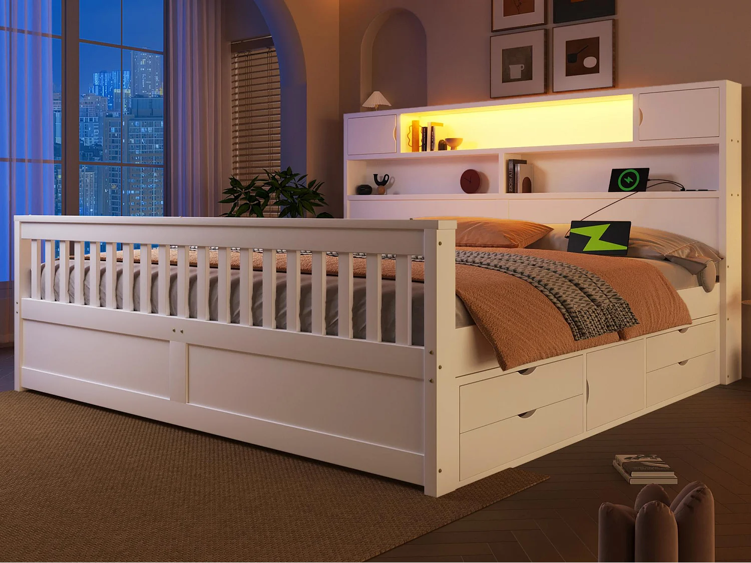 Łóżko małżeńskie 180x200 cm - Z 4 szufladami - Wezgłowie z miejscem do przechowywania - Oświetlenie LED i port USB - MDF - Biały​ (bez materaca) 4932167 - obrazek 1