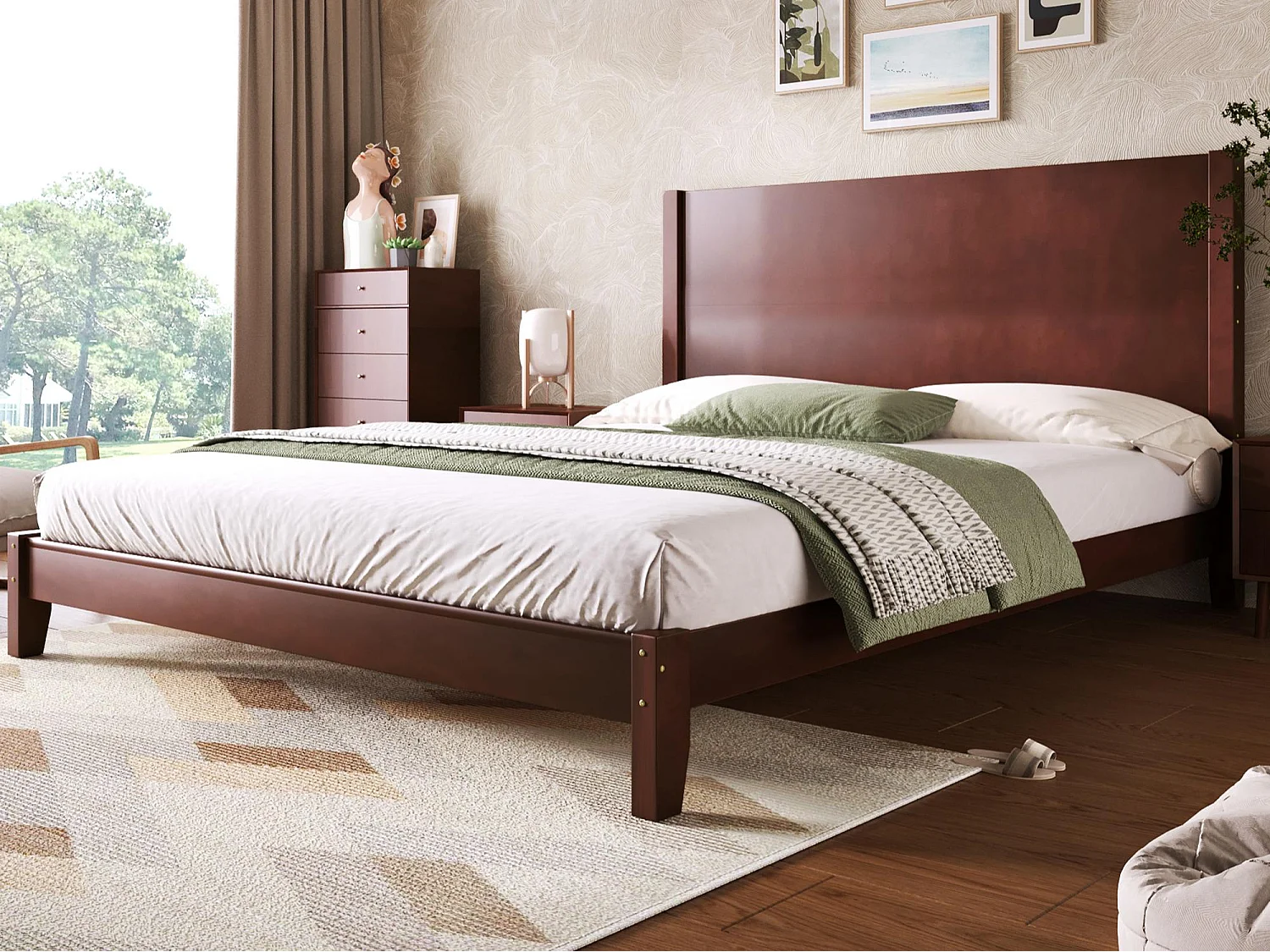 Łóżko małżeńskie 160x200 cm - Z wezgłowiem - Z stelażem lamelowym z litego drewna - MDF + Sosna - Brązowy​ (Materac nie jest wliczony w cenę) 4932169 - obrazek 1