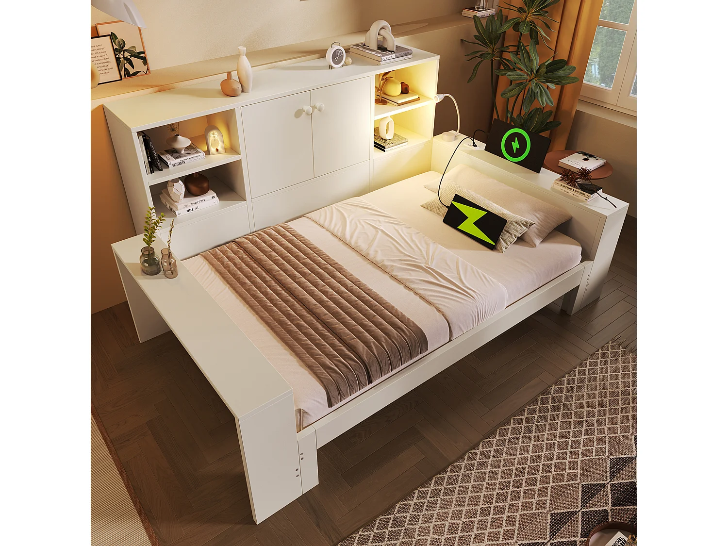 Łóżko dziecięce - 90 x 200 cm - z wysuwanym łóżkiem 90 x 190 cm + półka + port USB - MDF - białe 4932178 - obrazek 1