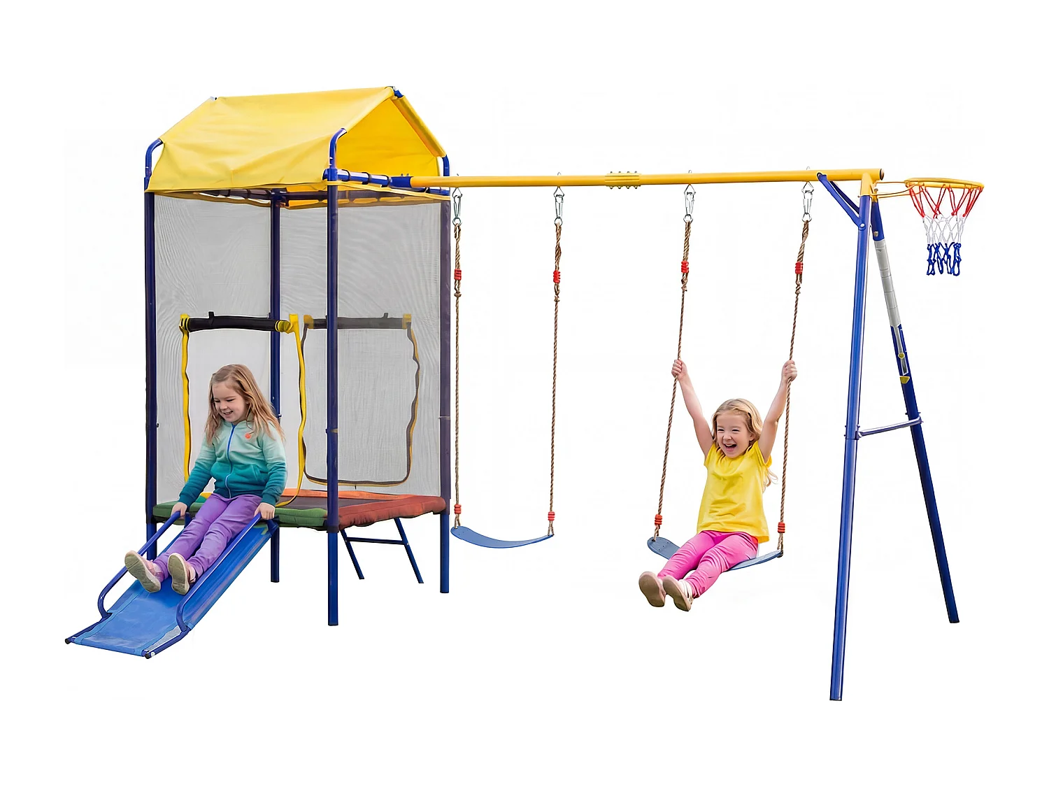 Área de Jogos de Jardim 4-em-1: Balanço con Trampolim Seguro, Escorregador, Balanço Duplo e Cesta de Basquete – Estrutura de Aço Reforçada – Azul 4932181