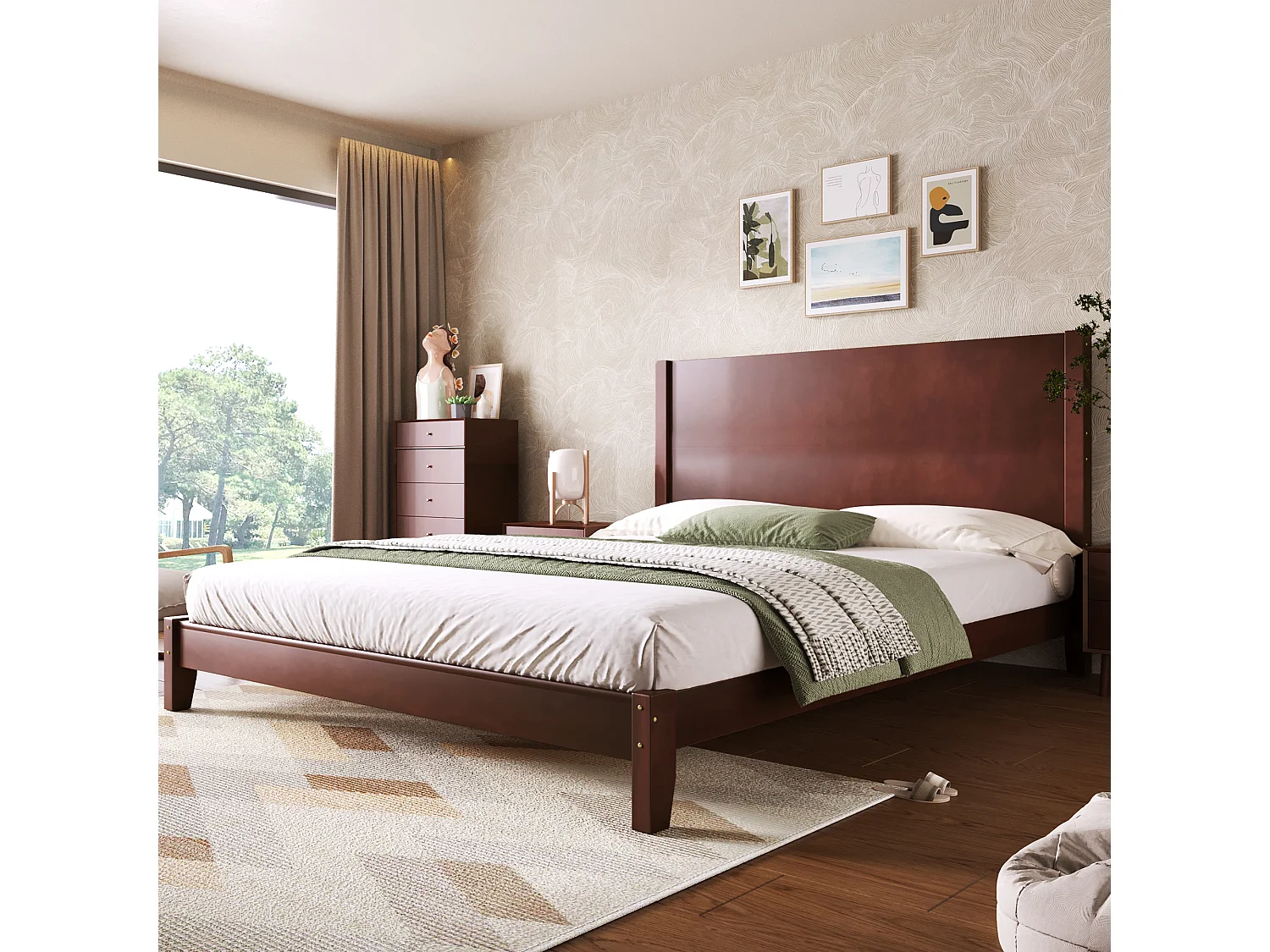 Łóżko dwuosobowe platformowe - 160 x 200 cm - z zagłówkiem i stelażem - MDF - brązowe 4932184 - obrazek 1