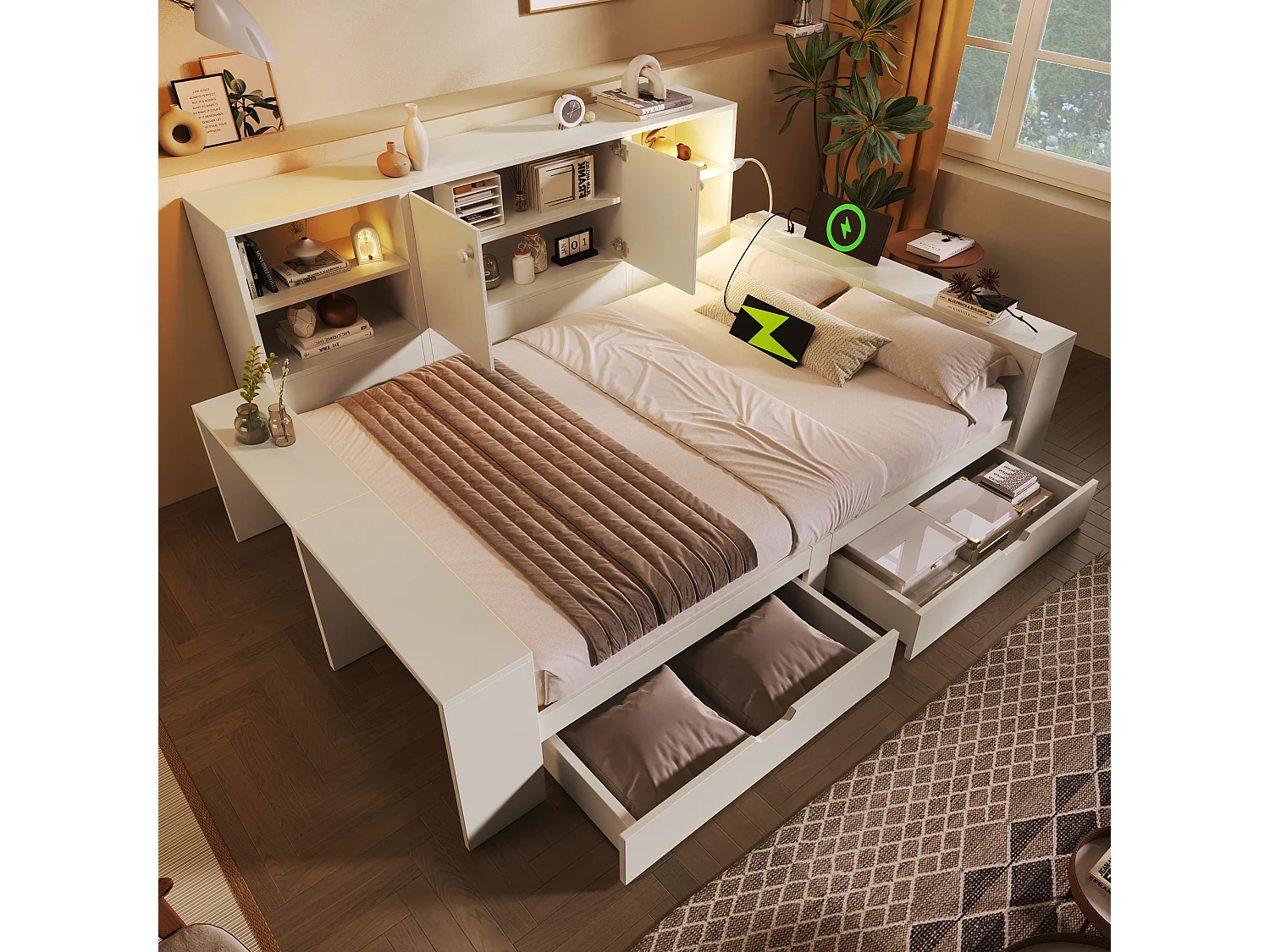 Łóżko dziecięce z pojemnikiem - 90 x 200 cm - z szufladami + półką + portem USB - MDF - białe 4932194 - obrazek 1