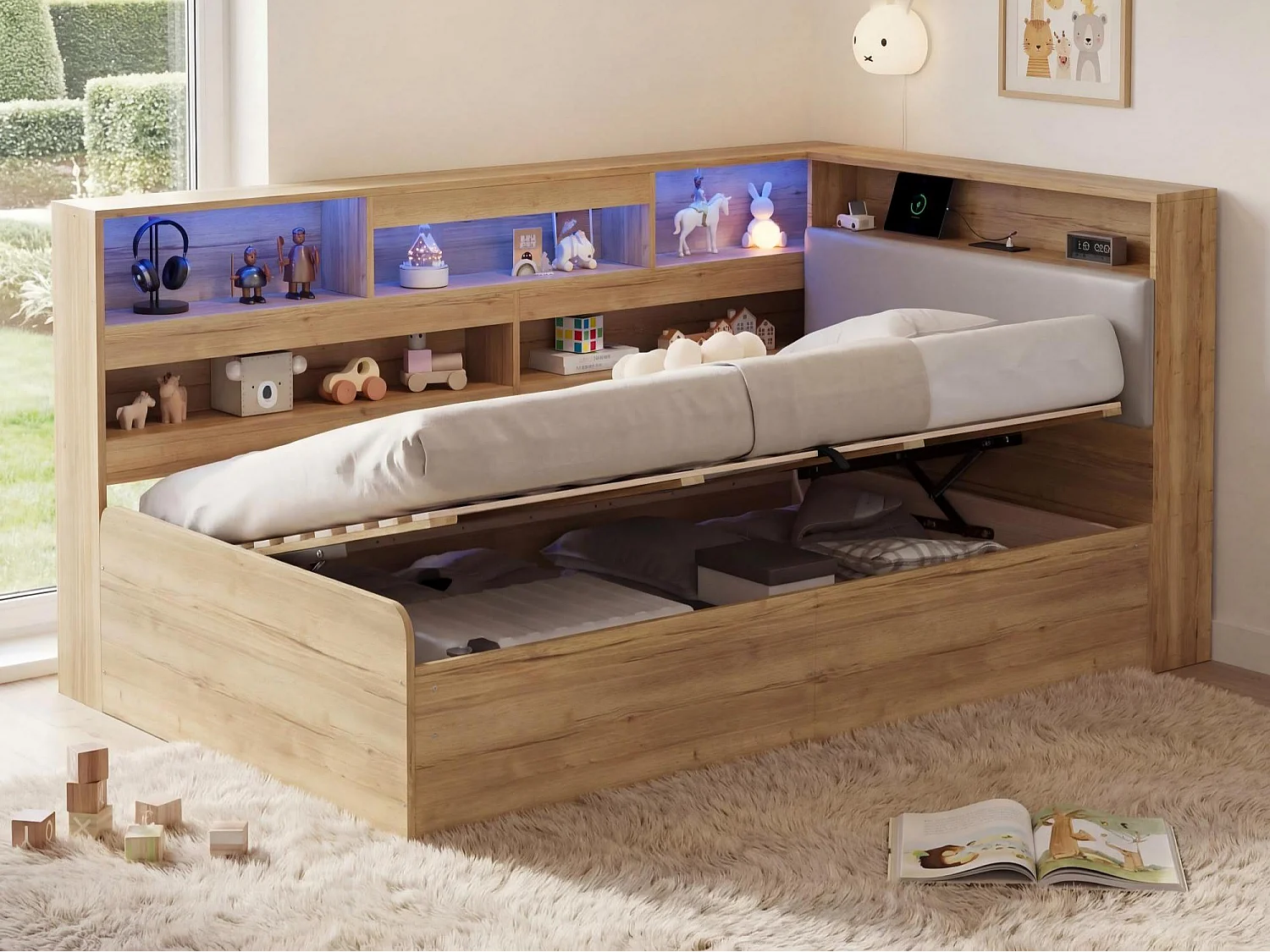 Łóżko dziecięce z pojemnikiem 90x200cm - z portem USB i LED - Przechowywanie pod łóżkiem - Przegródki do przechowywania - MDF - Naturalny​ (bez materaca) 4932201 - obrazek 1