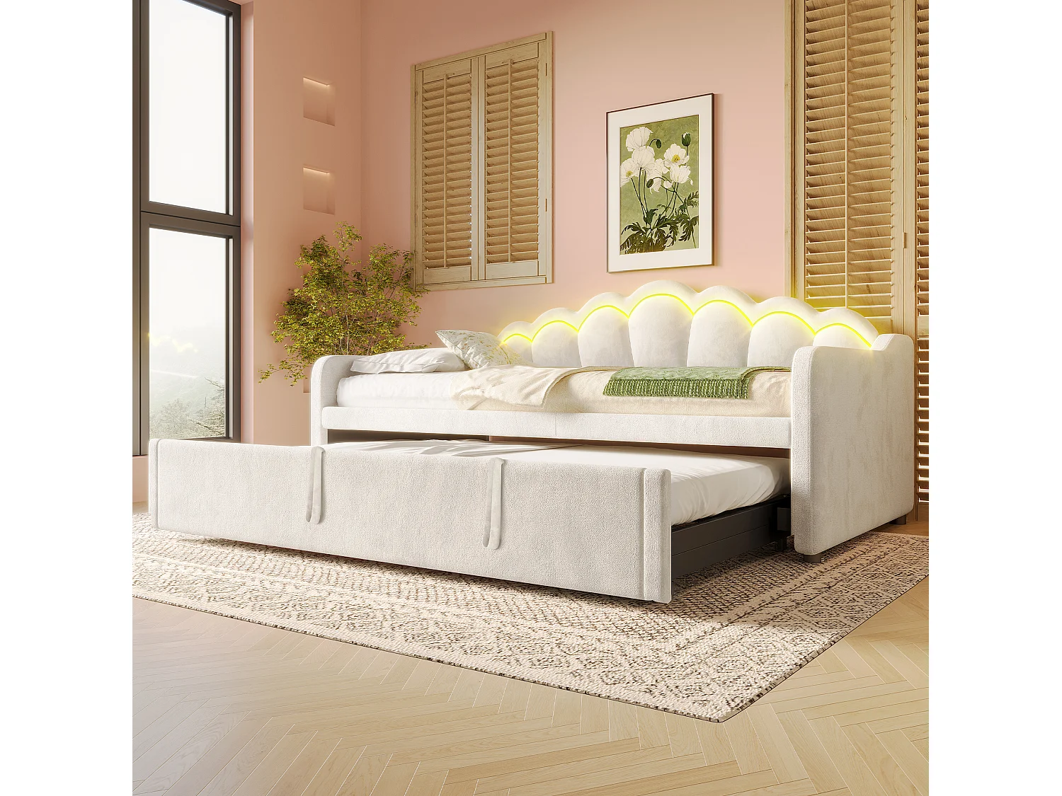 Łóżko dzienne z wysuwanym łóżkiem - 90/180 x 200 cm - z diodami LED - aksamitne - beżowe 4932206 - obrazek 1