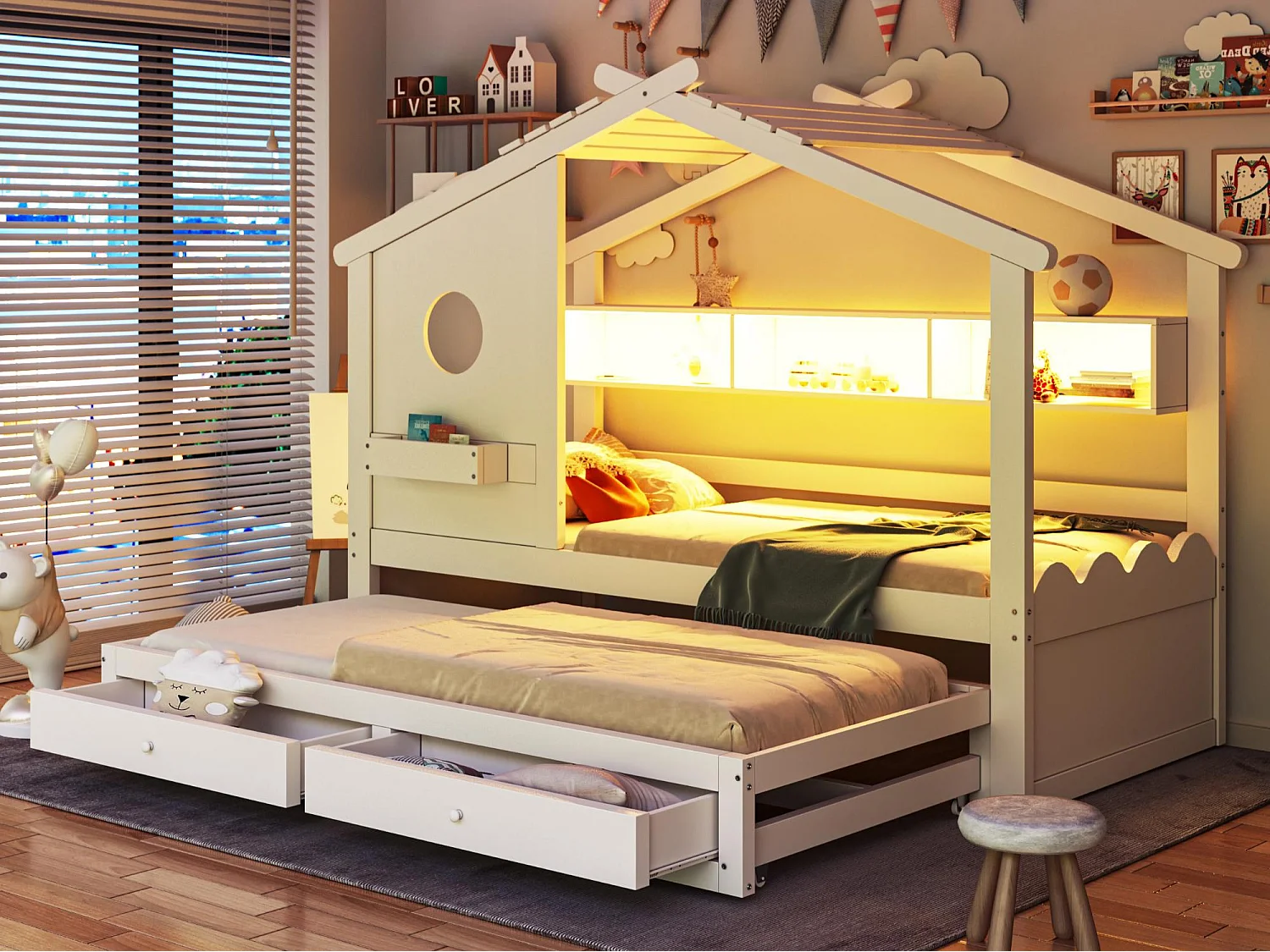 Łóżko domki dziecięce 90x200cm – z łóżkiem chowanym 90x190cm – z 2 szufladami – z portami ładowania USB + Type-C – z oświetleniem LED – biały 4932221