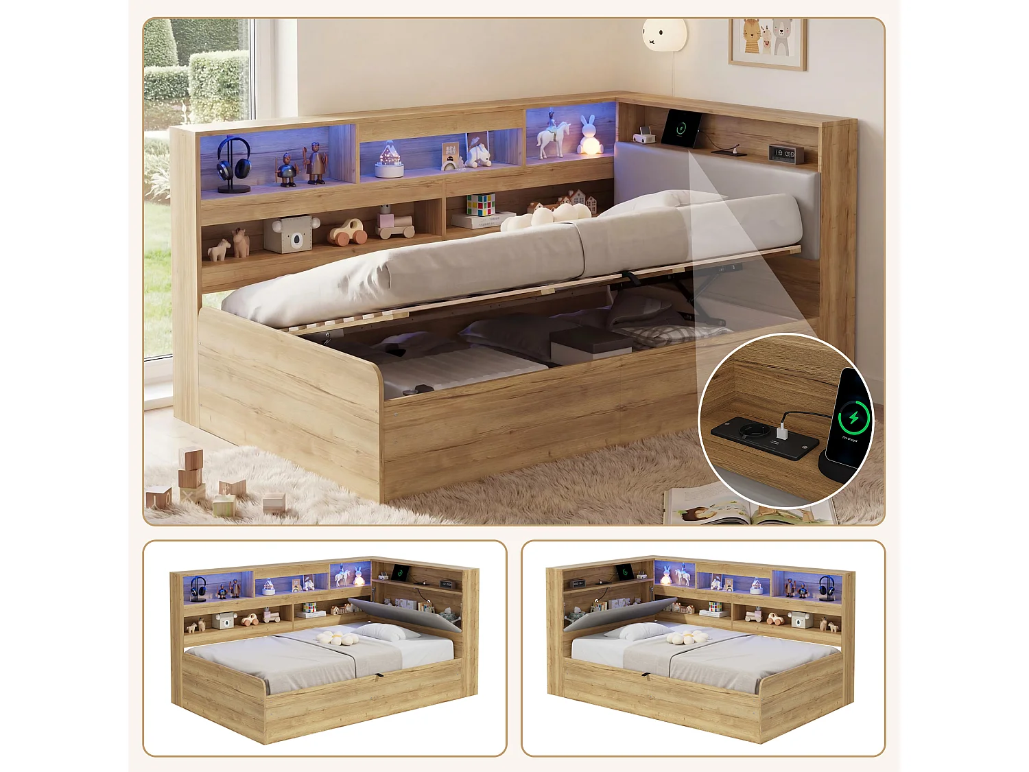 Łóżko hydrauliczne dla dzieci z pojemnikiem – 90 x 200 cm – z portem USB, diodami LED, półką do przechowywania i zagłówkiem – MDF – naturalne 4932242