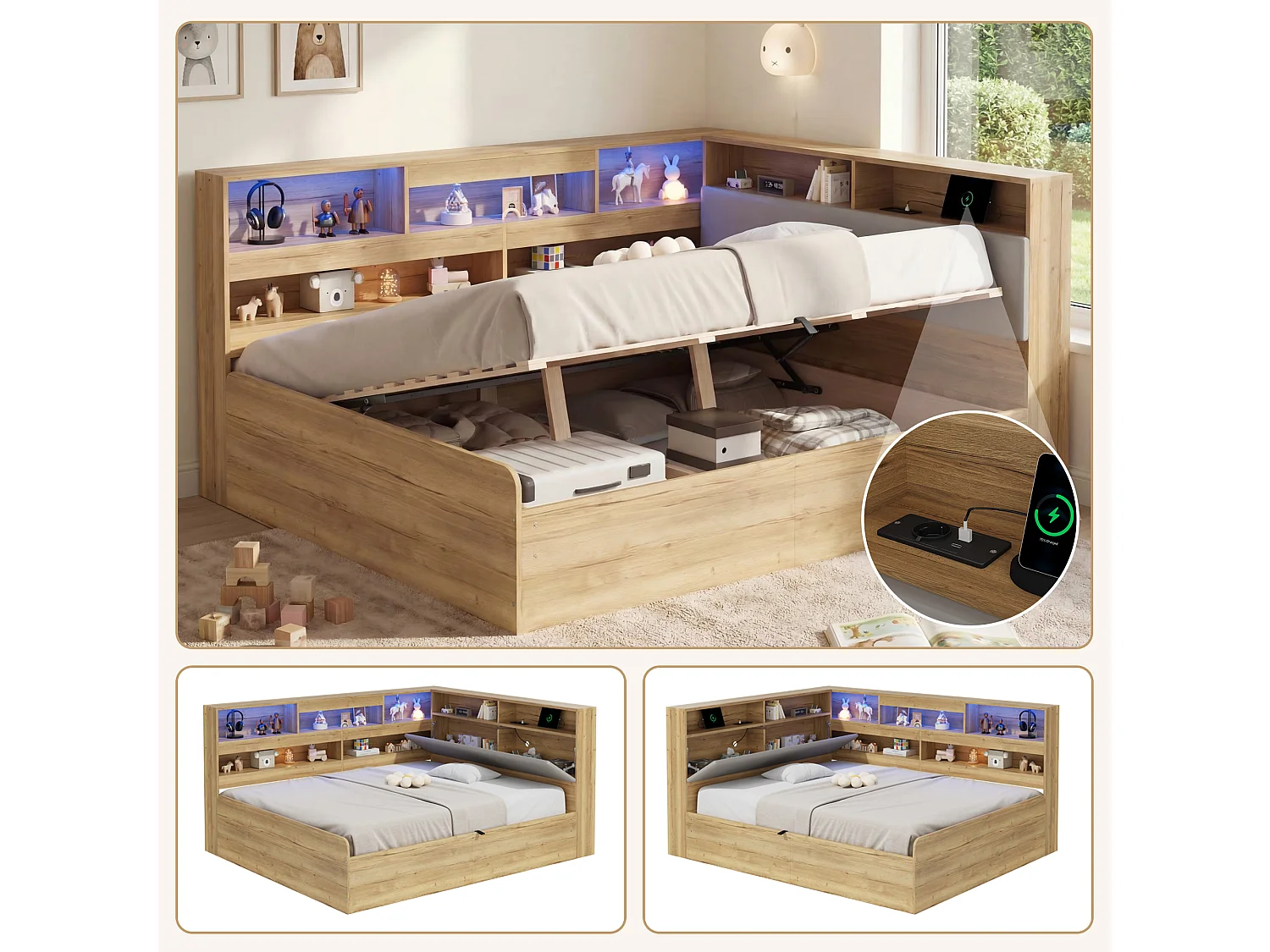 Łóżko hydrauliczne dla dzieci z pojemnikiem – 140 x 200 cm – z portem USB, diodami LED, półką do przechowywania i zagłówkiem – MDF – naturalne 4932260