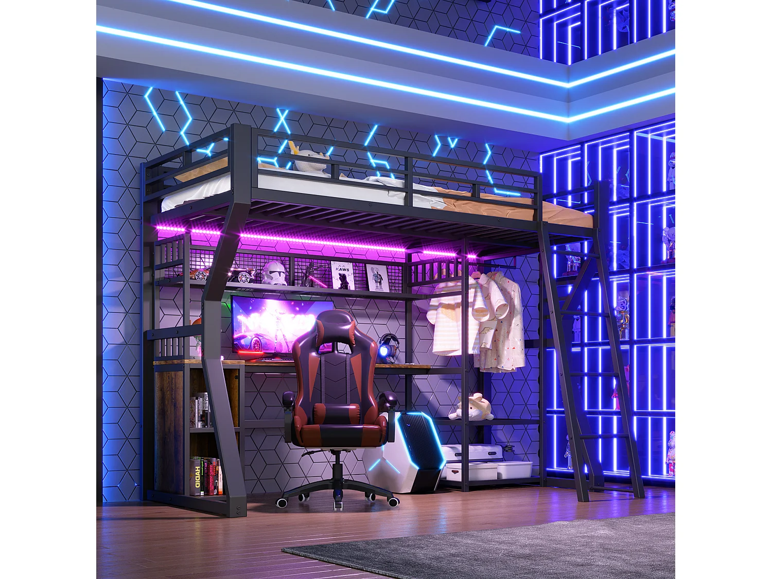 Łóżko piętrowe dla dzieci - 90 x 200 cm - rama żeliwna - z diodami LED + biurko + schowek + półki - płyta MDF + metal - kolor czarny 4932258 - obrazek 1
