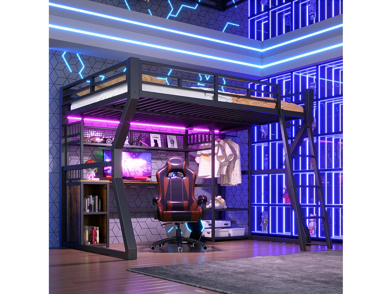 Łóżko piętrowe dla dzieci - 140 x 200 cm - rama żeliwna - z diodami LED + biurko + schowek + półki - płyta MDF + metal - kolor czarny 4932281 - obrazek 1