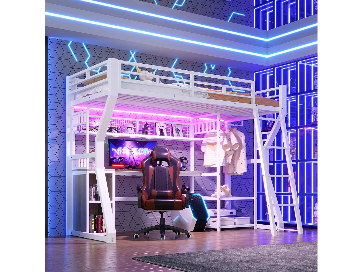 Łóżko piętrowe dla dzieci - 90 x 200 cm - rama żeliwna - z diodami LED + biurko + schowek + półki - płyta MDF + metal - białe 4932284 - obrazek 1