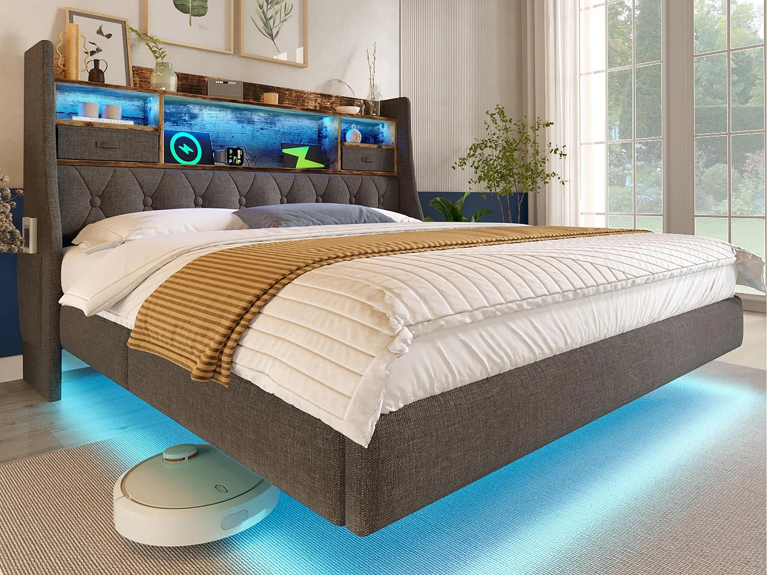 Łóżko dla dorosłych z tapicerka 90x200cm - z oświetleniem LED - z 1 portem Type-C i 3 portami USB - wezgłowie z przechowywaniem - len - Szary 4520909 - obrazek 1