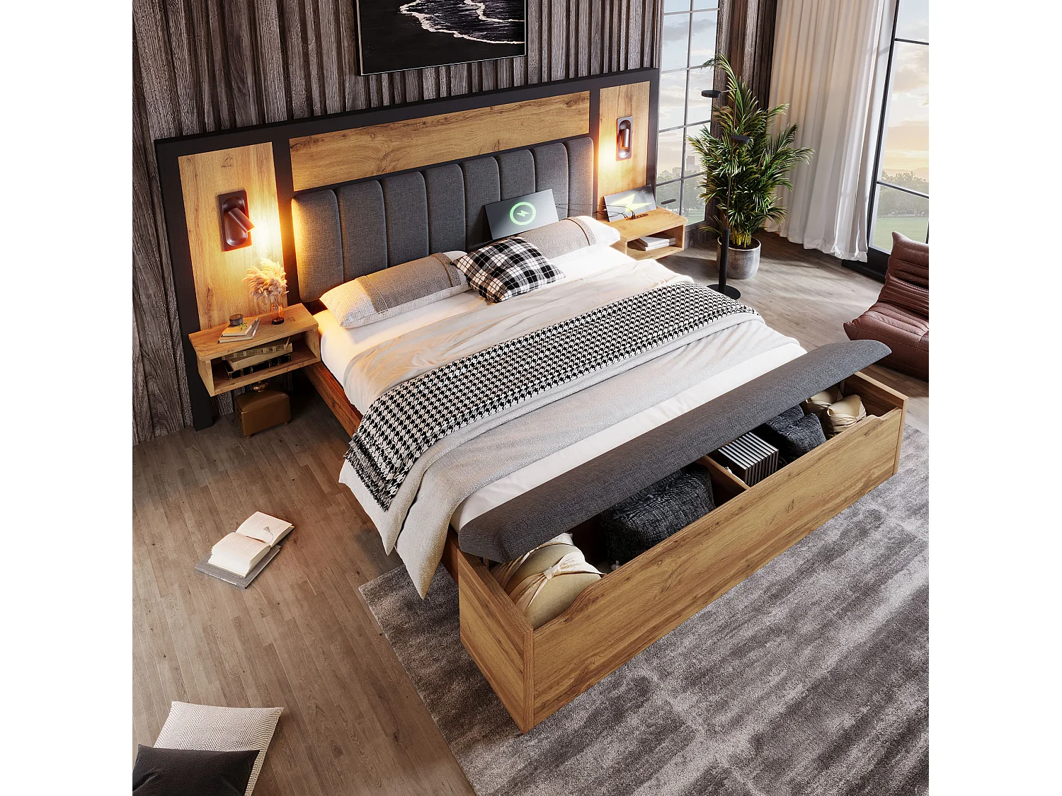 Łóżko dwuosobowe 180×200cm - z lampką do czytania + gniazdami do ładowania + ławką do przechowywania - z metalowym stelażem - Naturalne 3758852 - obrazek 1