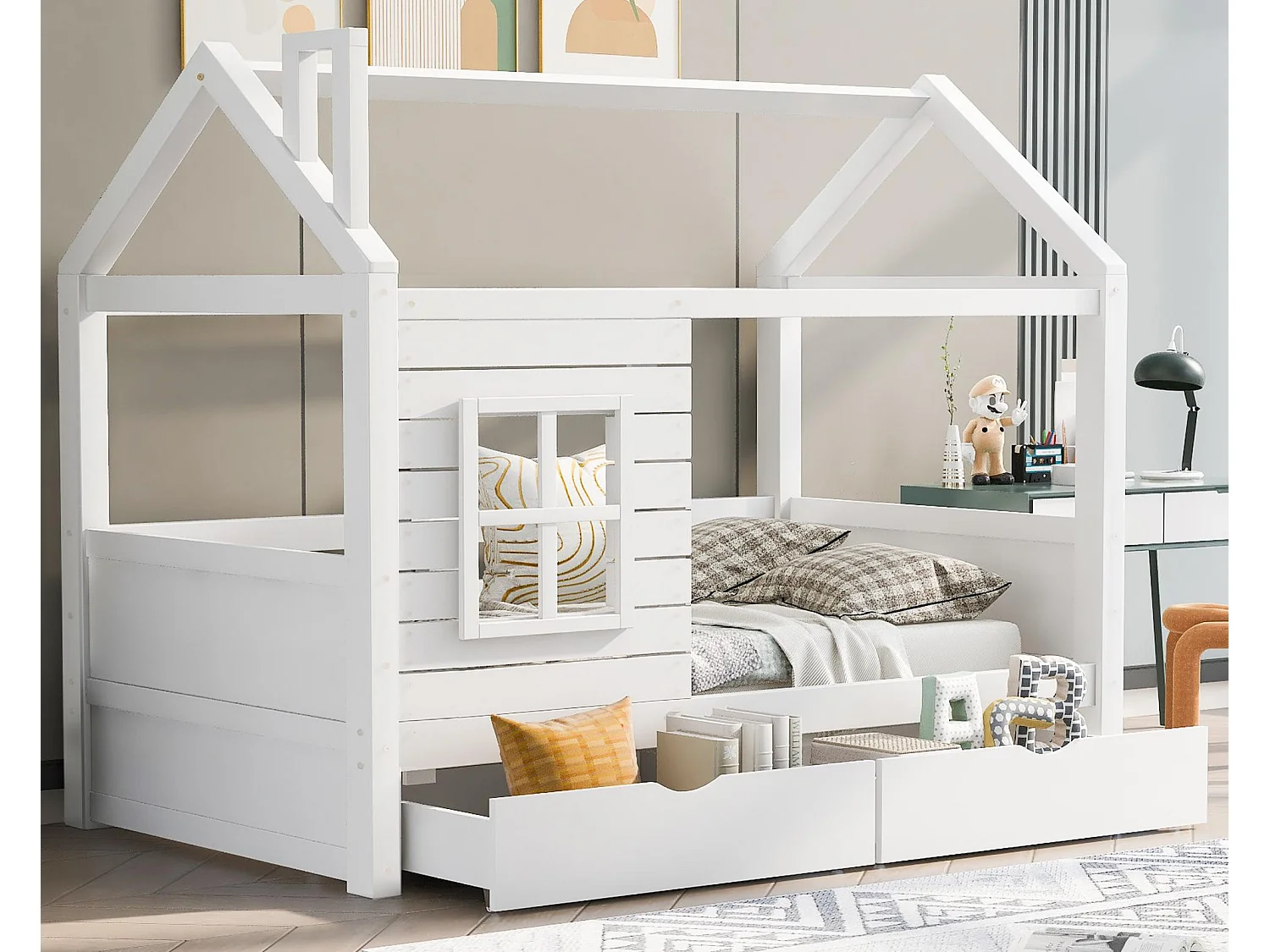 Łóżko domek 90×200 cm z 2 szufladami – z litego drewna – Białe 1532145