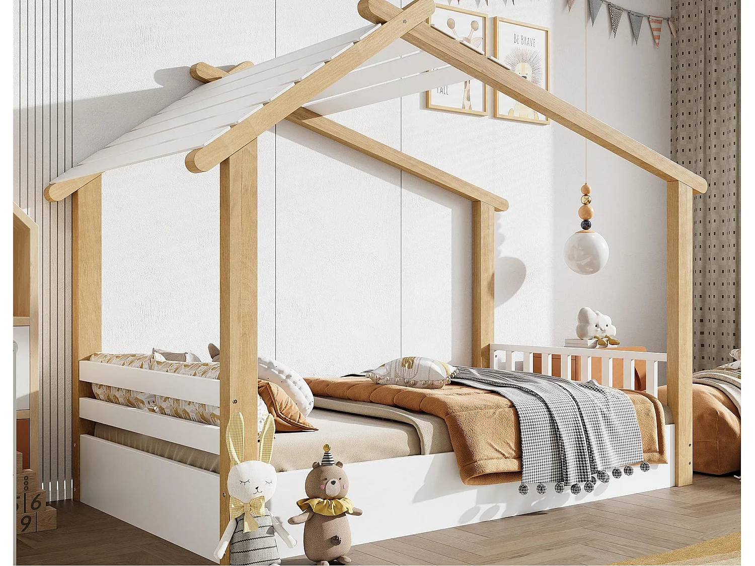Łóżko domek dla dzieci 90x200cm - z stelażem listwowym - design domku z bali - Drewno lite + MDF - Naturalny 4452252 - obrazek 1