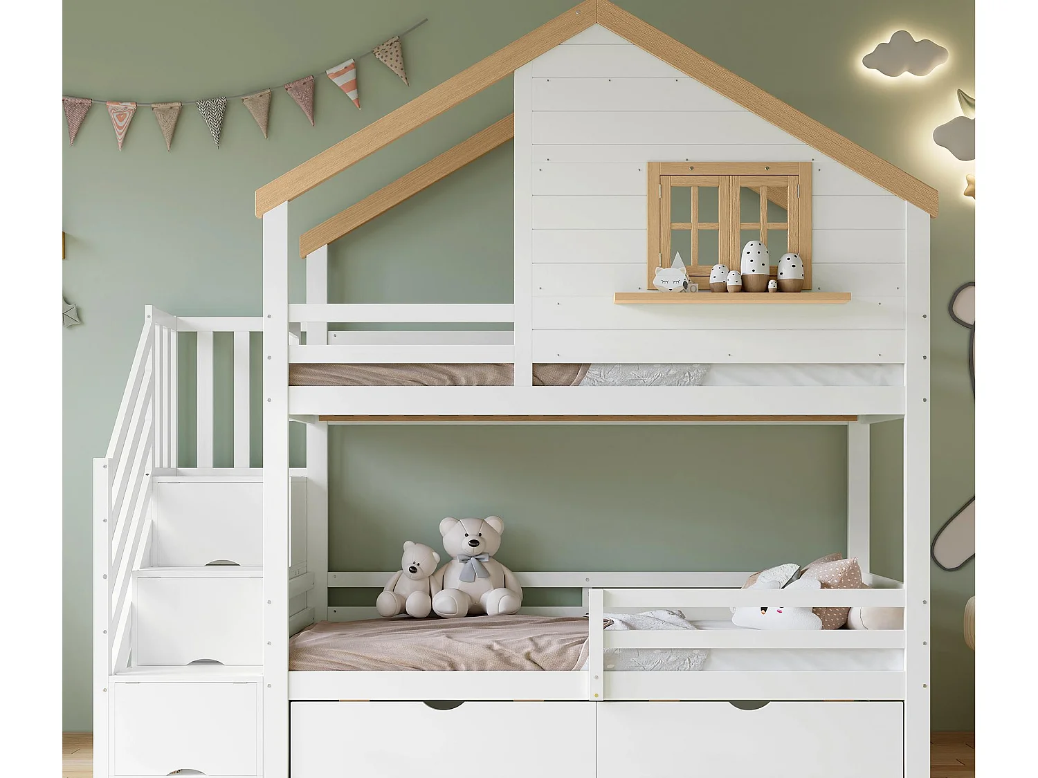 Łóżko piętrowe 90×200 cm – z schodami do przechowywania – z 2 szufladami – z dachem i oknami – Drewno lite + MDF – Białe + Naturalne 4285090