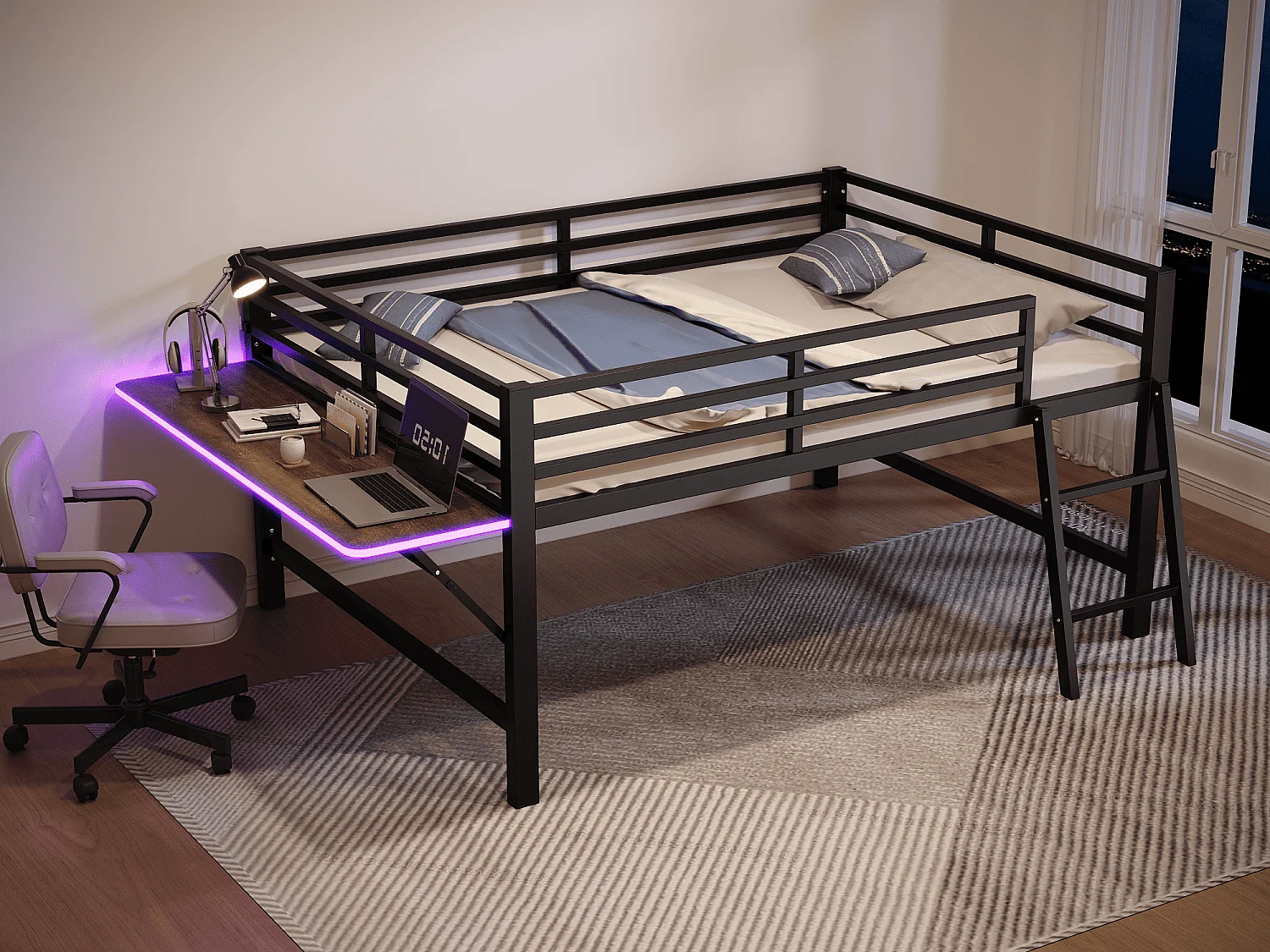 Łóżko z antresolą metalową 140x200cm z diodami LED - z opuszczanym biurkiem i podstawą z listew - Czarne 3727158 - obrazek 1