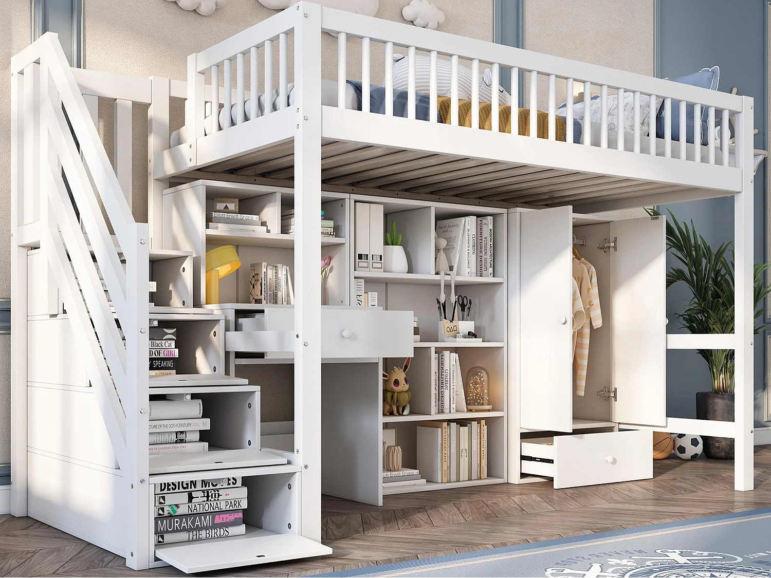 Łóżko mezzaninne wielofunkcyjne z drewna i MDF - 90x200 cm - z schodami do przechowywania, biurkiem i szafą - Białe (bez materaca) 3002754 - obrazek 1