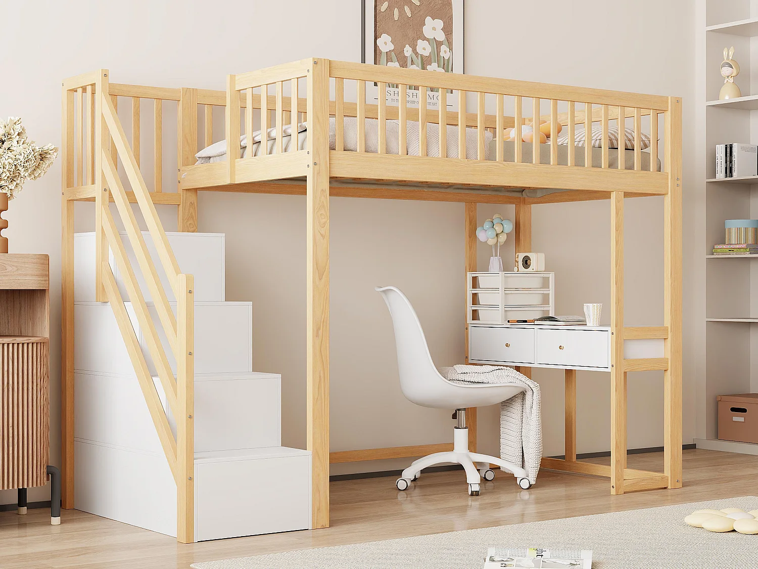 Łóżko mezzanine 90x200cm z drewna - z biurkiem i schodami do przechowywania - Naturalne i Białe 3429650 - obrazek 1