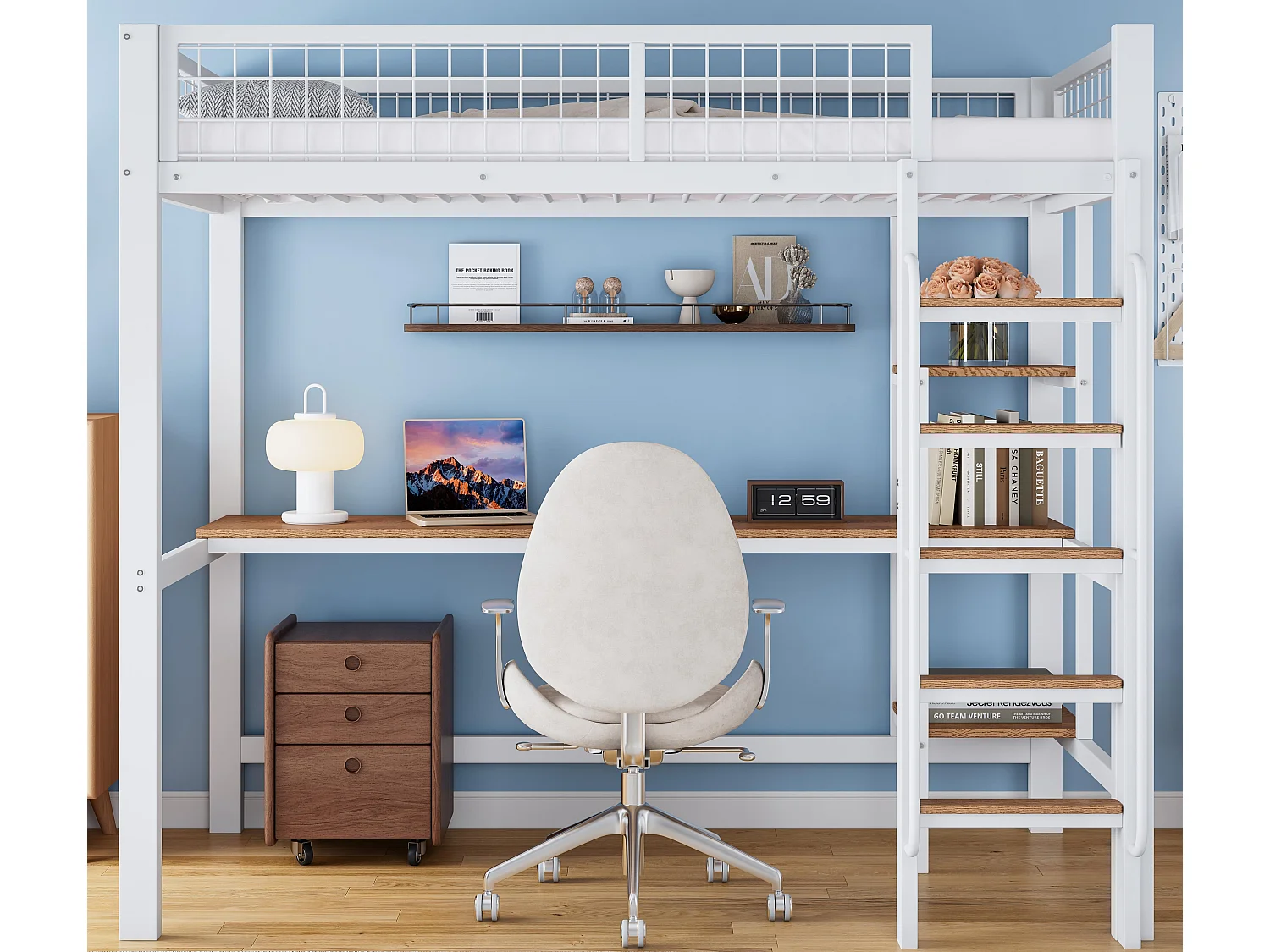 Łóżko mezzanine 90x200cm - z biurkiem i półką - z drabiną 5 stopni - z siatką zabezpieczającą - metal + MDF - biały (bez materaca) 3989411 - obrazek 1