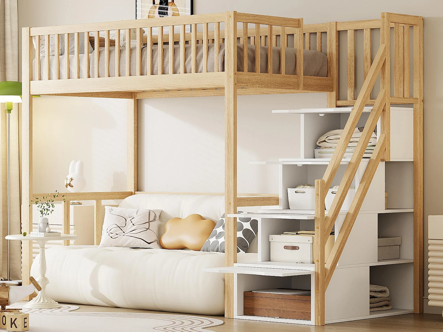 Łóżko mezzanine 90x200cm z litego drewna - z schodami do przechowywania - Naturalne 3450481 - obrazek 1